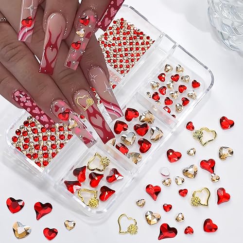 767 dijes de uñas de corazón para el día de San Valentín, para uñas acrílicas, aleación brillante 3D, corazón rojo, diamantes de imitación de amor,