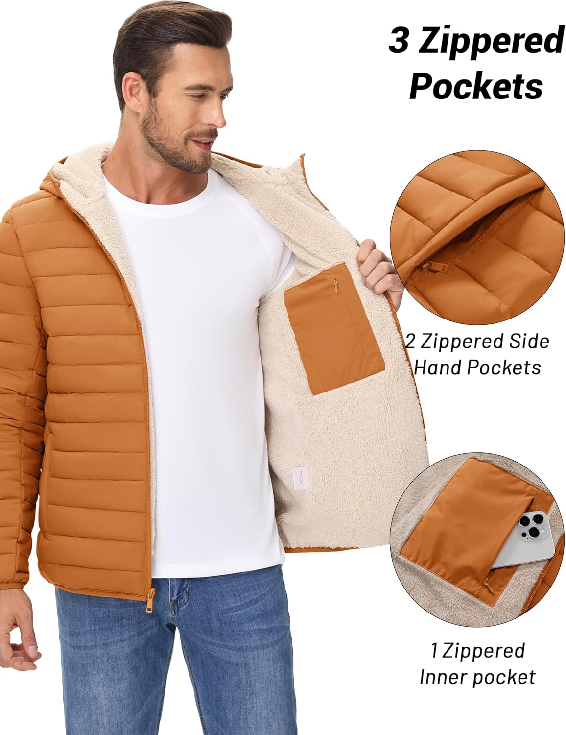 Cotrasen Mens Puffer Jacket Sherpa Lined Water Resistant Hooded Full Zip Mid-Weight Warm Insulated Winter Coat