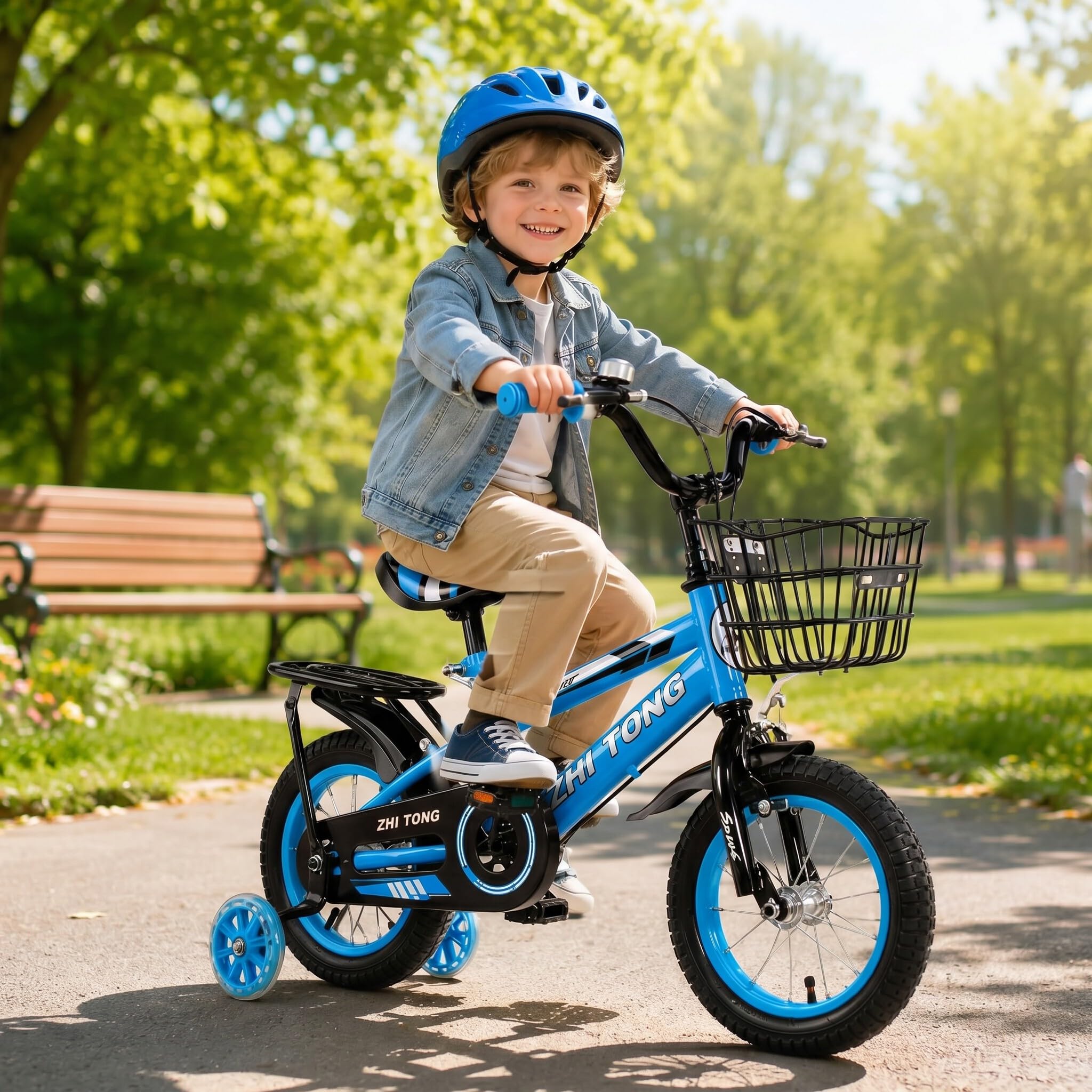 Kinderfahrrad für ab 2 3 4 5 Jahre Mädchen & Jungen, 14 Zoll Kinderfahrräder mit Stützrädern, Höhenverstellbar Kinderfahrrad mit Korb und Rücksitz, Fahrrad für Schulung Outdoor
