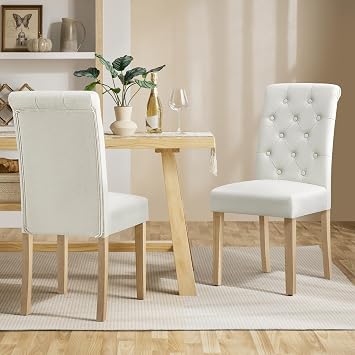 Yaheetech Dining Chairs Set of 2 Fabric Upholstered Dining Room Chairs with Button Tufted High Back and Solid Wood Legs for Kitchen/Living Room/Restaurant, Modern Style, Beige