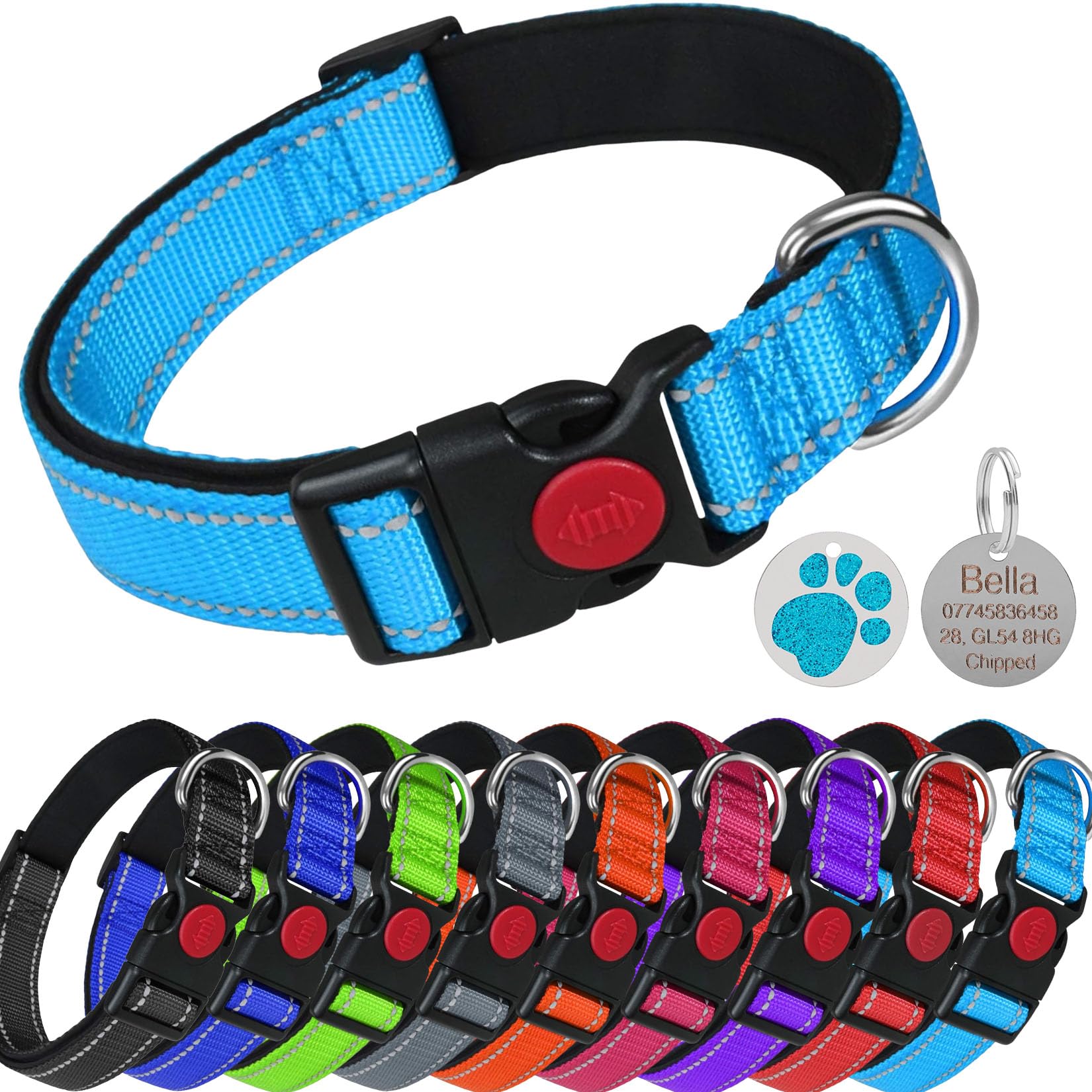 LARRYROO Reflective Dog Soft Padded Nylon Collar | Slide Lock Safety Buckle | Fully Adjustable With Personalised Engraved Round Paw Print Glitter Tag (Sky Blue, Extra Small (20cm - 30cm Neck))