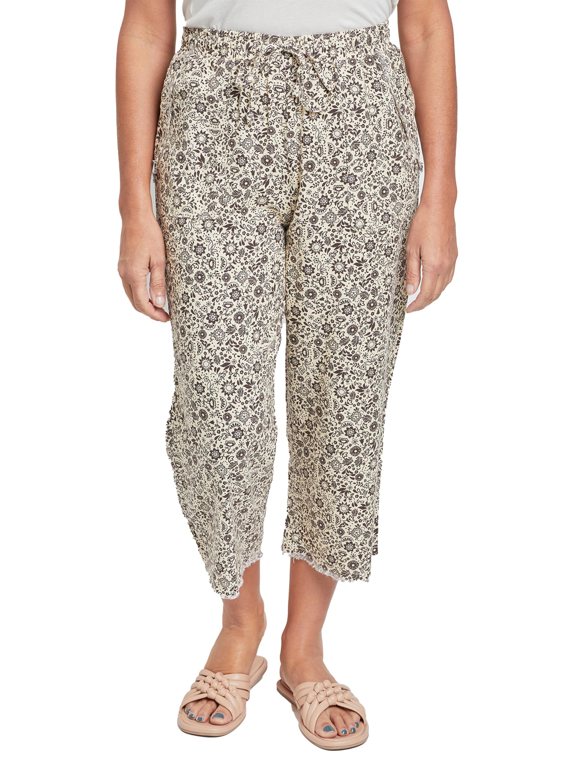 Royalty For Me Womens Womens High Rise Linen Capri Pant with Fray Detail