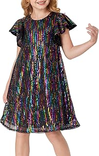 Girls Sequin Dress Short Flutter Sleeve Flare Silhouette Midi Dress with Hairbow 5-12Y - Buy now