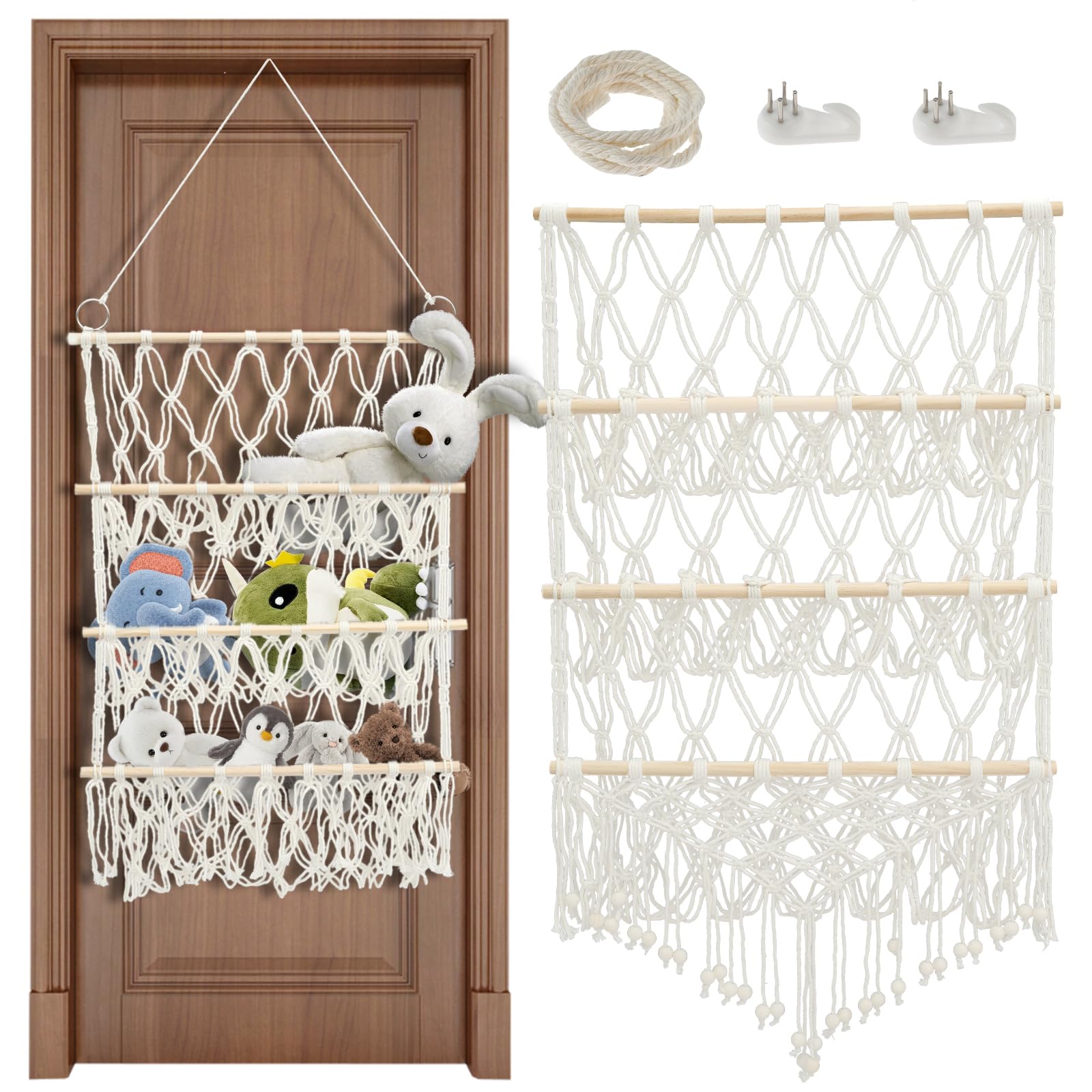 Qinglang Beige 2 3-Layer Stuffed Animal Storage Teddy Hammock Large Capacity Soft Toy Organizer Plush Toy Storage Nursery Hanging Organizer Stable Plush Doll Holder For Kids Children Bedroom Room Decor(Beige 2)