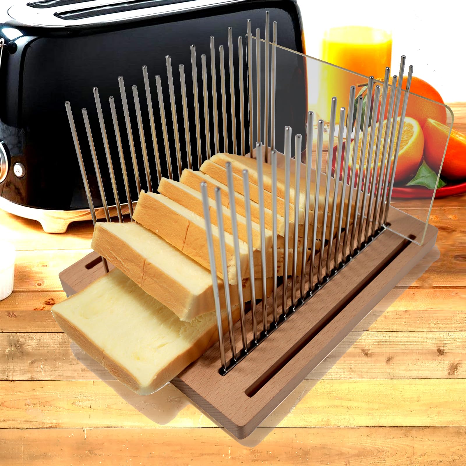 Adjustable Bread Slicer Guide With Beechwood Board - Stainless Steel For Even Loaf & Bagel Slices