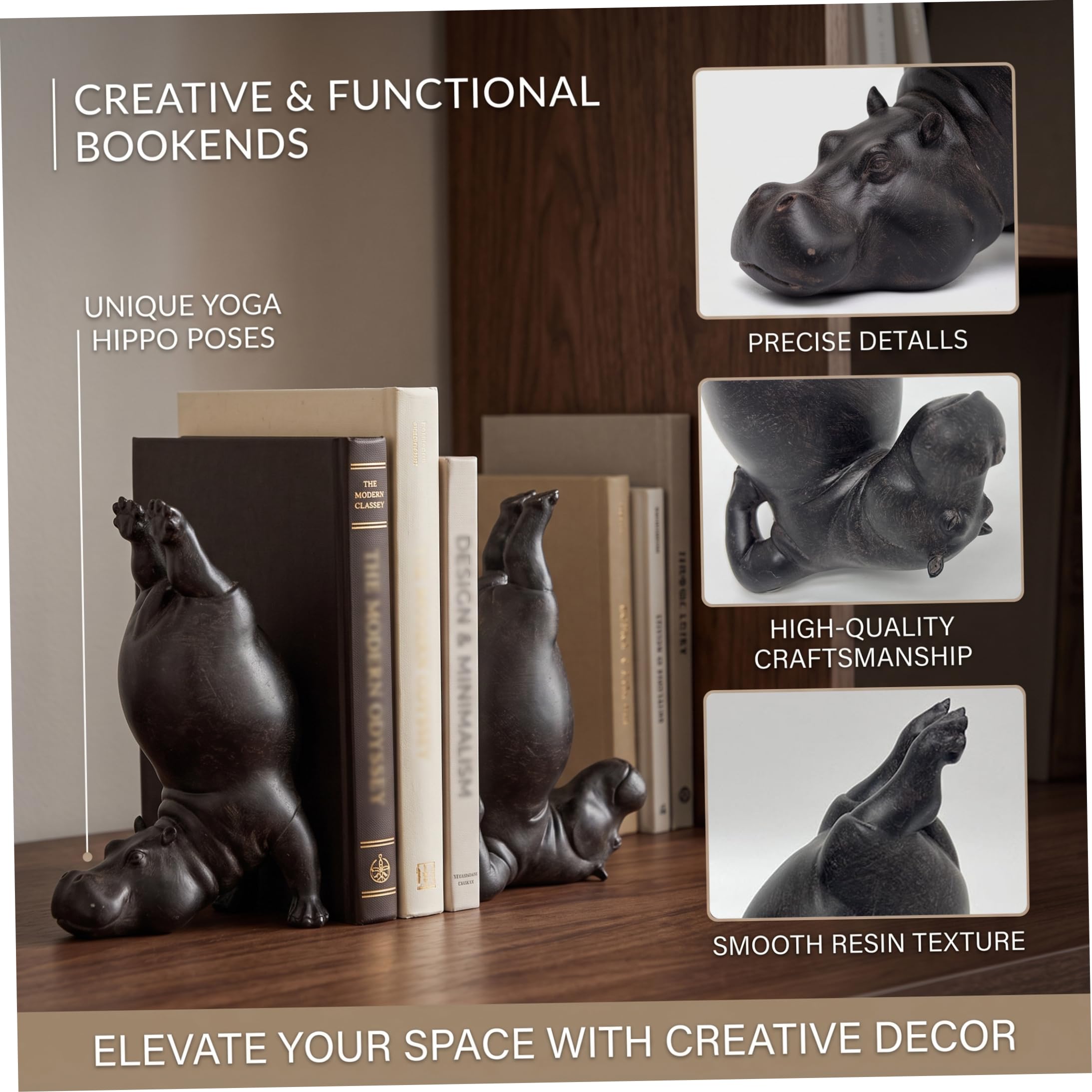Lot de 2 Serre-Livres de Yoga Hippopotame en résine Lourde décor Animalier Double Fonction