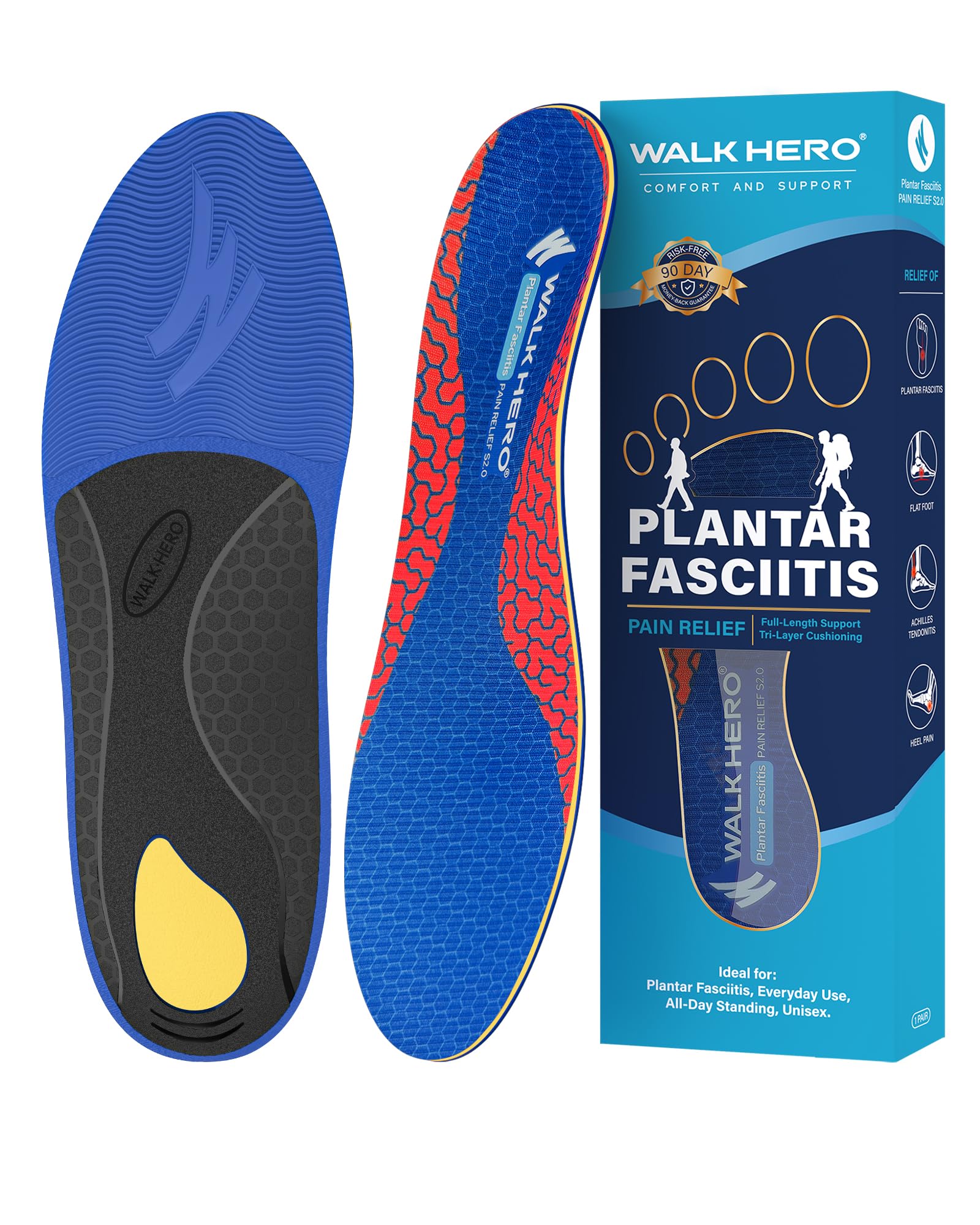 WalkHero Plantar Fasciitis Relief Inserts for Men Women - Arch Support Insoles - Full Length Orthotic Insoles for Foot Pain Arch Pain,Reduces Over-Pronation Mens 9-9.5 | Womens 11-11.5