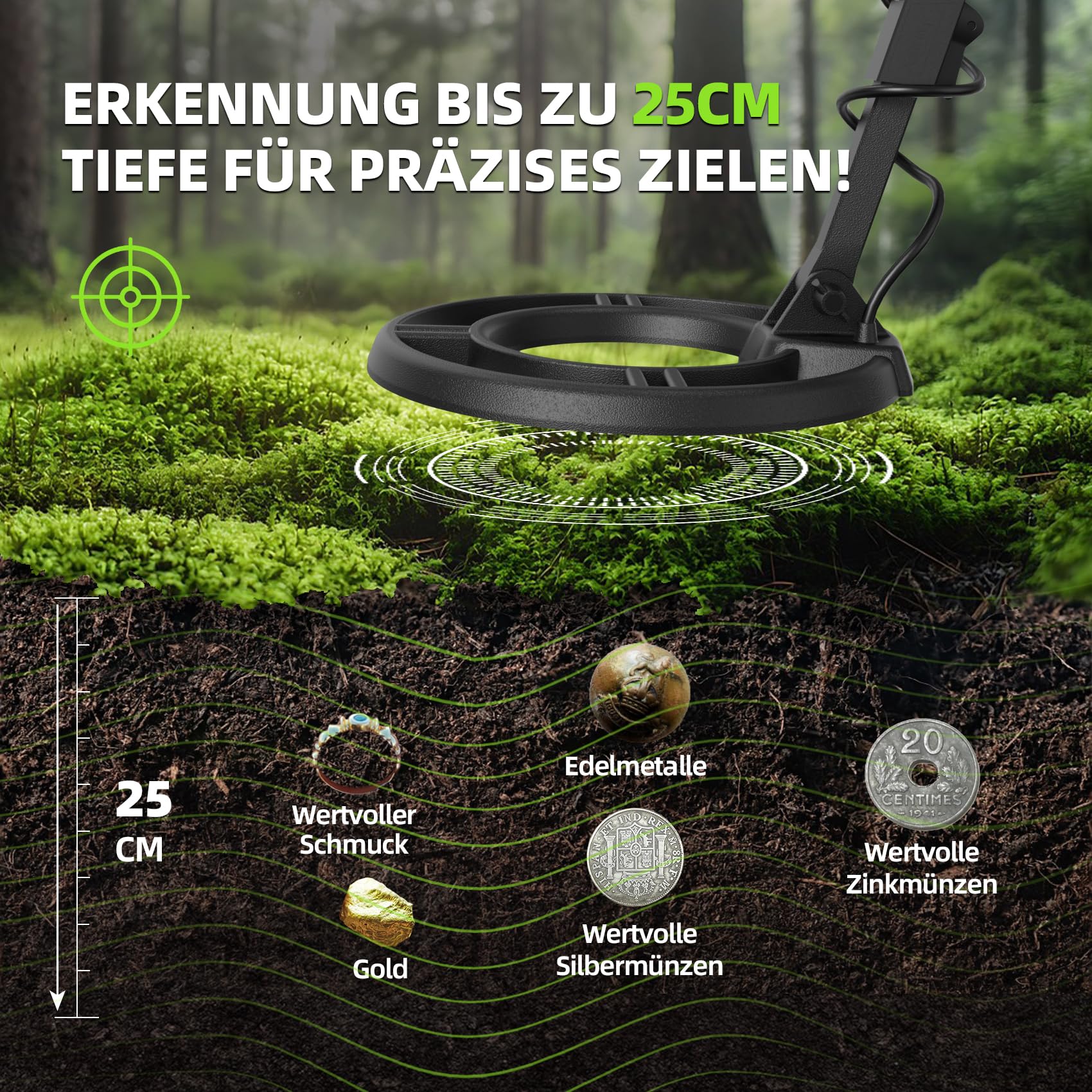 GreenRex Metalldetektor Profi, 25,4CM IP68 wasserdichte Spule, Großes LCD-Display, Präziser Gold-Detektor für Erwachsene & Kinder, Ideal für Strand, Unterwasser & Garten, DSP-Chip Upgrade