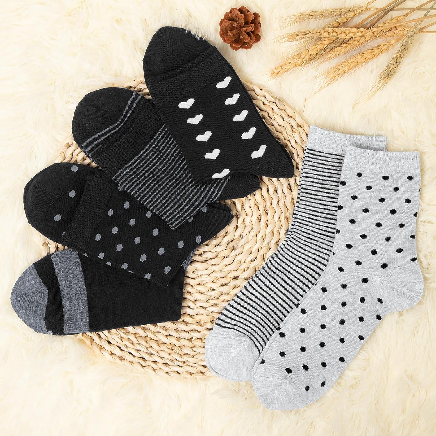 6 Pairs Cotton Crew Socks for Women, Breathable Novelty Funny Striped Dot Casual Cute Calf Socks Size 6-12 - Image 4