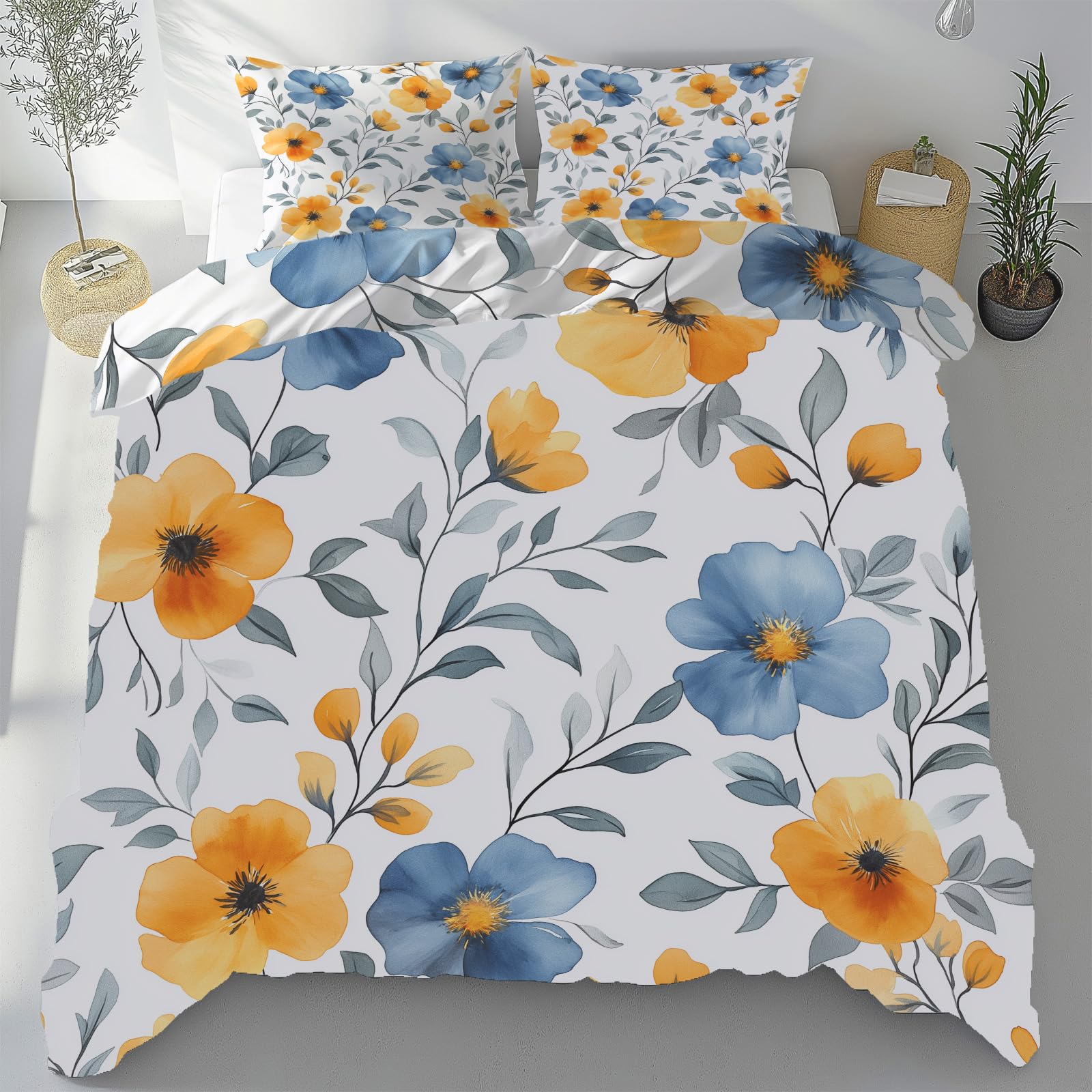 Housse de couette 240x260 microfibre pastorale fleurs avec fermeture éclair 3 pièces