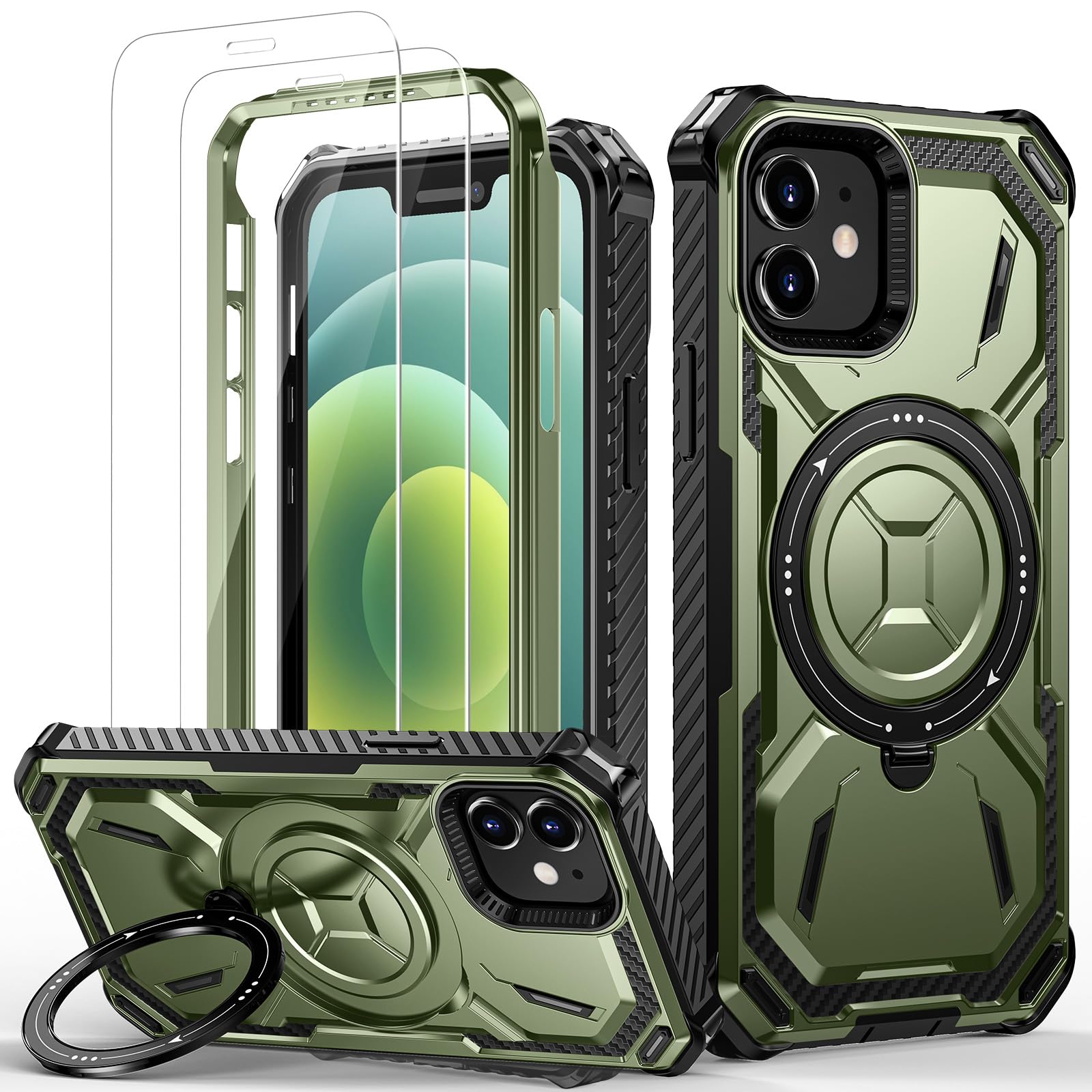 Lanhiem Cover iPhone 12/12 Pro con 2 Pezzi 9H Vetro Temperato, Supporto Magnetico ad Anello a 360°Protezione Antiurto Anticaduta di Livello Militare Armor Custodia iPhone 12 Pro / 12, Verde