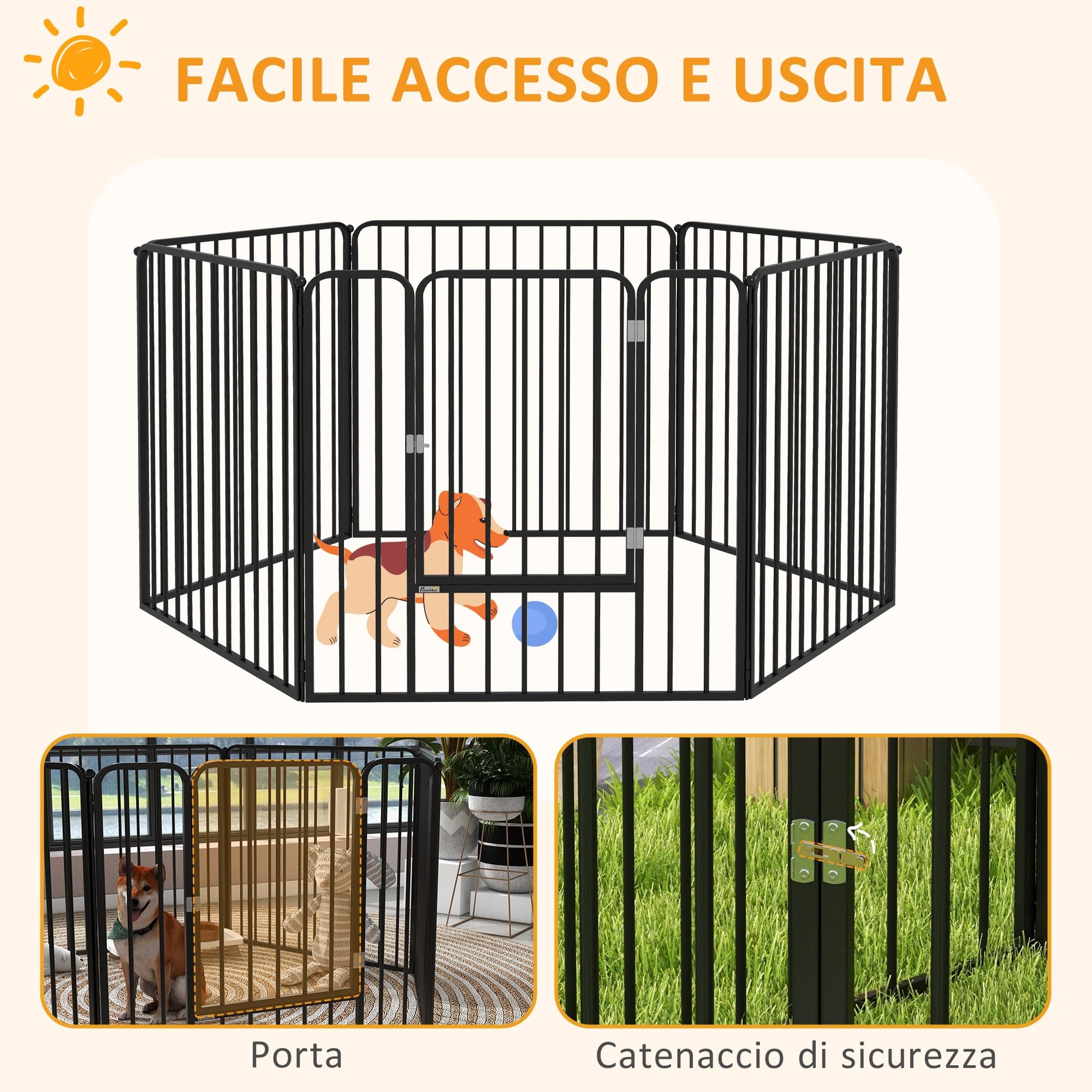 PawHut Box per Cani Taglia Media e Piccola a 6 Pannelli Modulabili da Interno ed Esterno, Cancello per Cani in Acciaio con 9 Picchetti, 164x83x80 cm, Nero