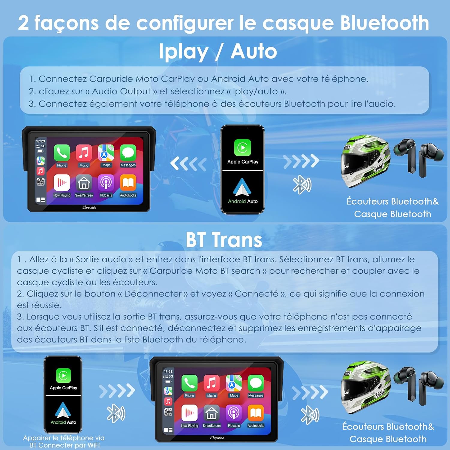 Diagram showing two methods to configure Bluetooth connection between the Carpuride W502, a smartphone, and a Bluetooth helmet or earbuds.