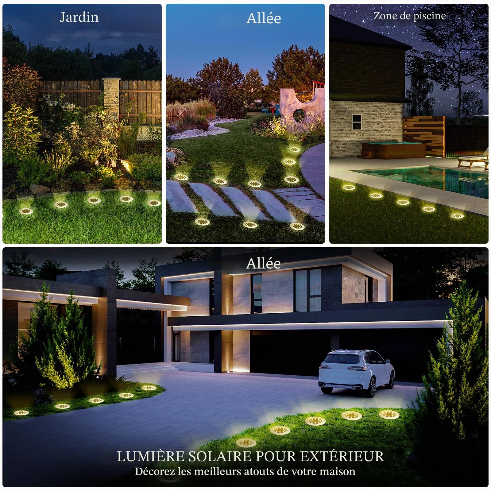 TOSHIN Lumière Solaire Extérieur, 8 Pièces Lampe Solaire Au Sol Jardin, 8 LED Etanche IP65 Spot Solaire Extérieur Encastrables Éclairage pour Chemins Pelouse Terrasse Cour Piscine, Blanc Chaud