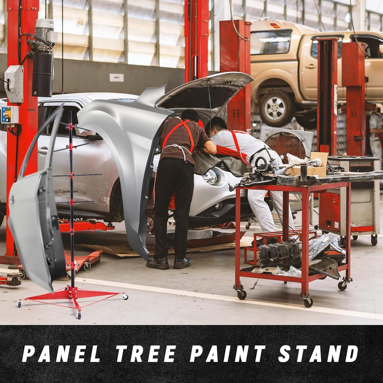 70.87" Panel Tree Paint Stand Panel Holder Adjustable Center Post Hang with 4 Wheels Steel Powder Coated Painting Car Repair Holder Rack for Automotive Doors Bumpers Fenders Hoods
