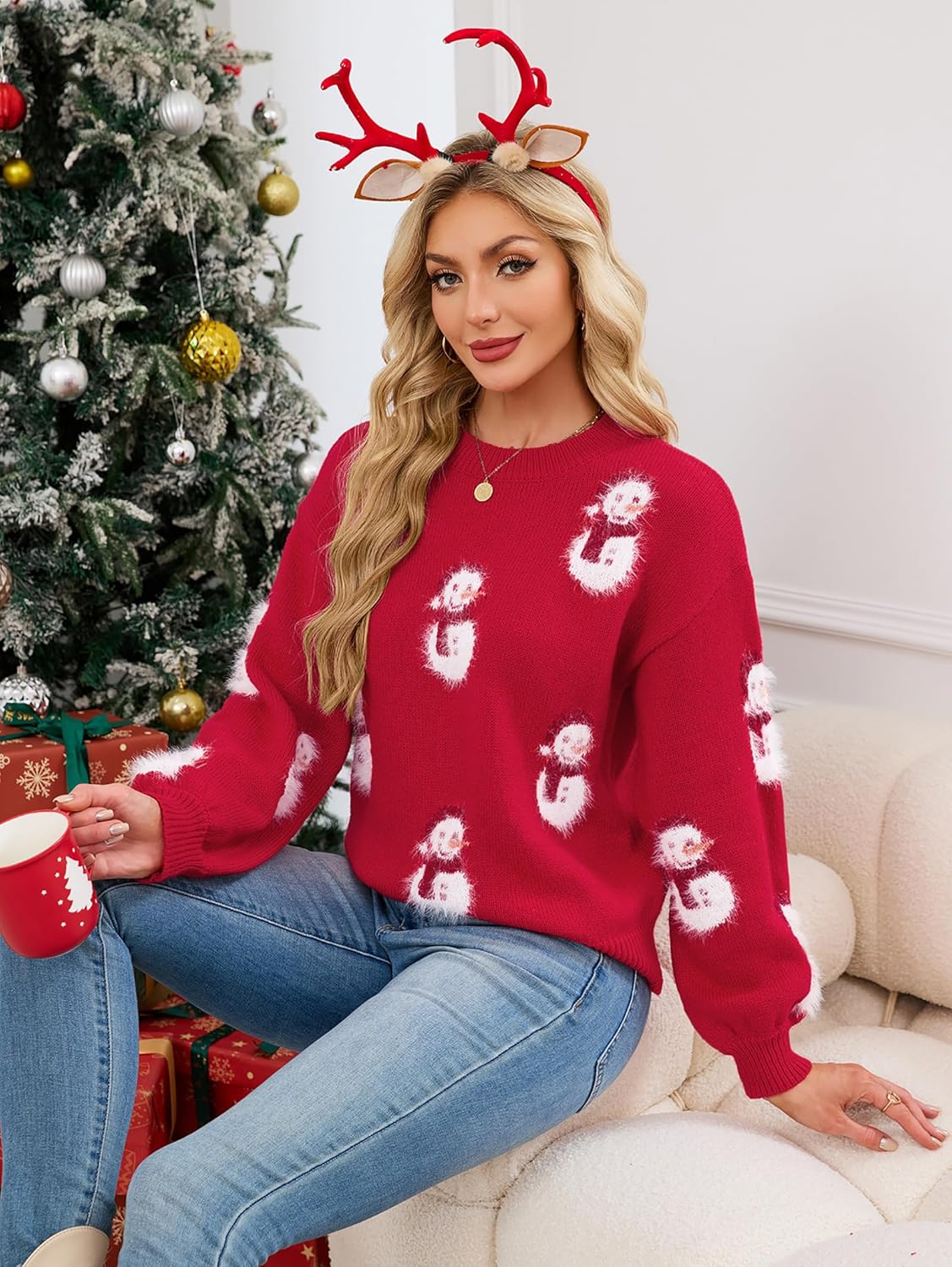 SunnyMelody Women's Cute Christmas Sweater,Santa Hat Snowman Pattern Knit Pullovers,2025 Funny Holiday Party Ugly Xmas Tops - Image 6