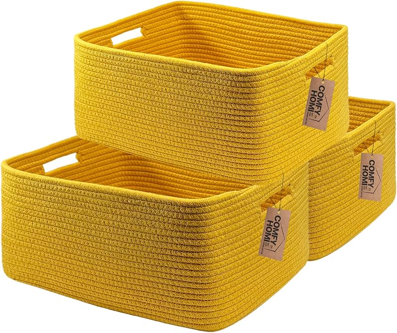 COMFY-HOMI 3 cestas de almacenamiento grandes para estantes, cesta de lavandería, cesta de cuerda tejida, organizador de armario para ropa, mantas, toallas, guardería de bebé, cestas de juguetes de regalo, 17" x 13" x 7.5" -