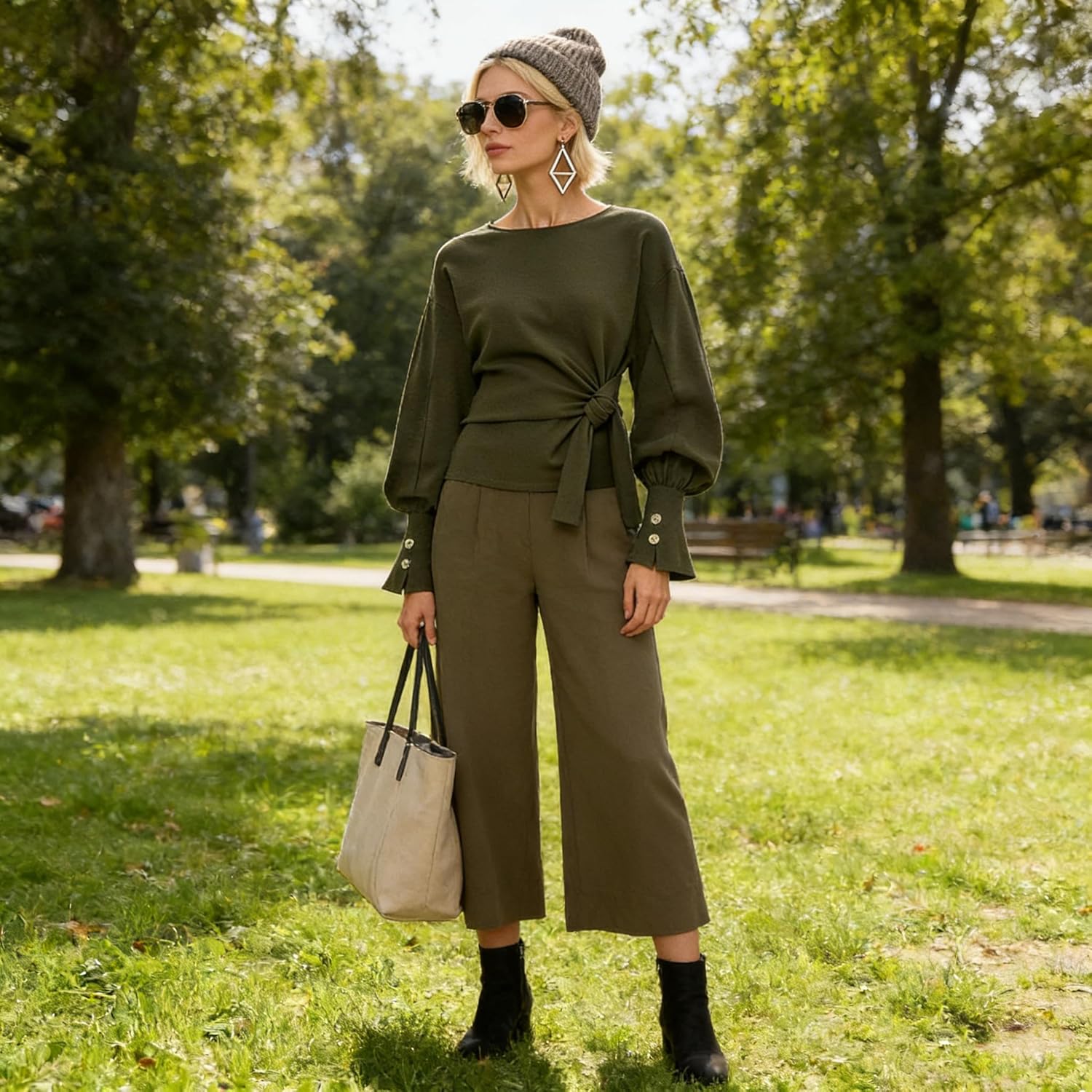 Twist Knot Tie Front Sweatshirt Tops For Women Long Balloon Sleeve Crew Neck Pullover Casual Fall Outfits - Image 3