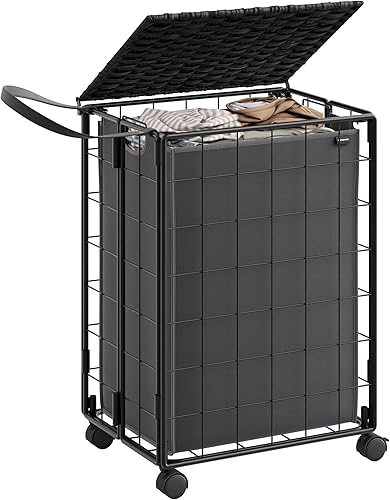 Miniatura 8 de SONGMICS Cesta para la ropa sucia, cesta de lavandería de 130 litros con ruedas, cesta de ropa de 3 secciones con tapa de ratón, bolsa de forro