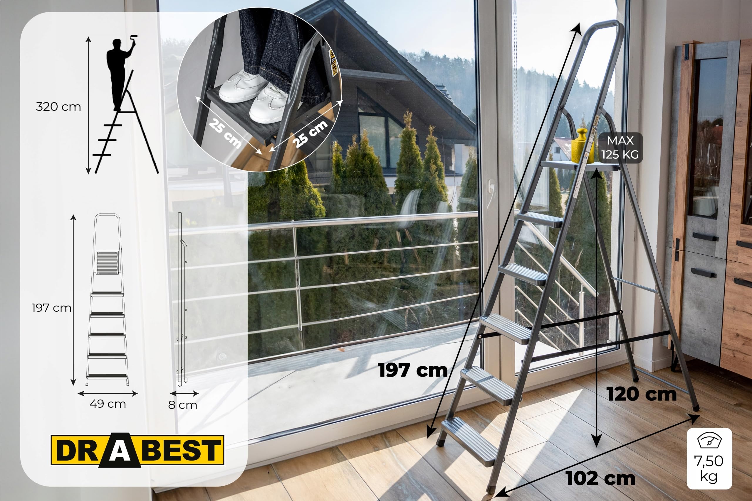DRABEST Scaletta per Casa in Acciaio con Finitura Verniciata a Polvere e Piattaforma – Scaletta a 6 Gradini con Piattaforma – Pieghevole per la Casa – 125 Kg – 49x197x8 cm