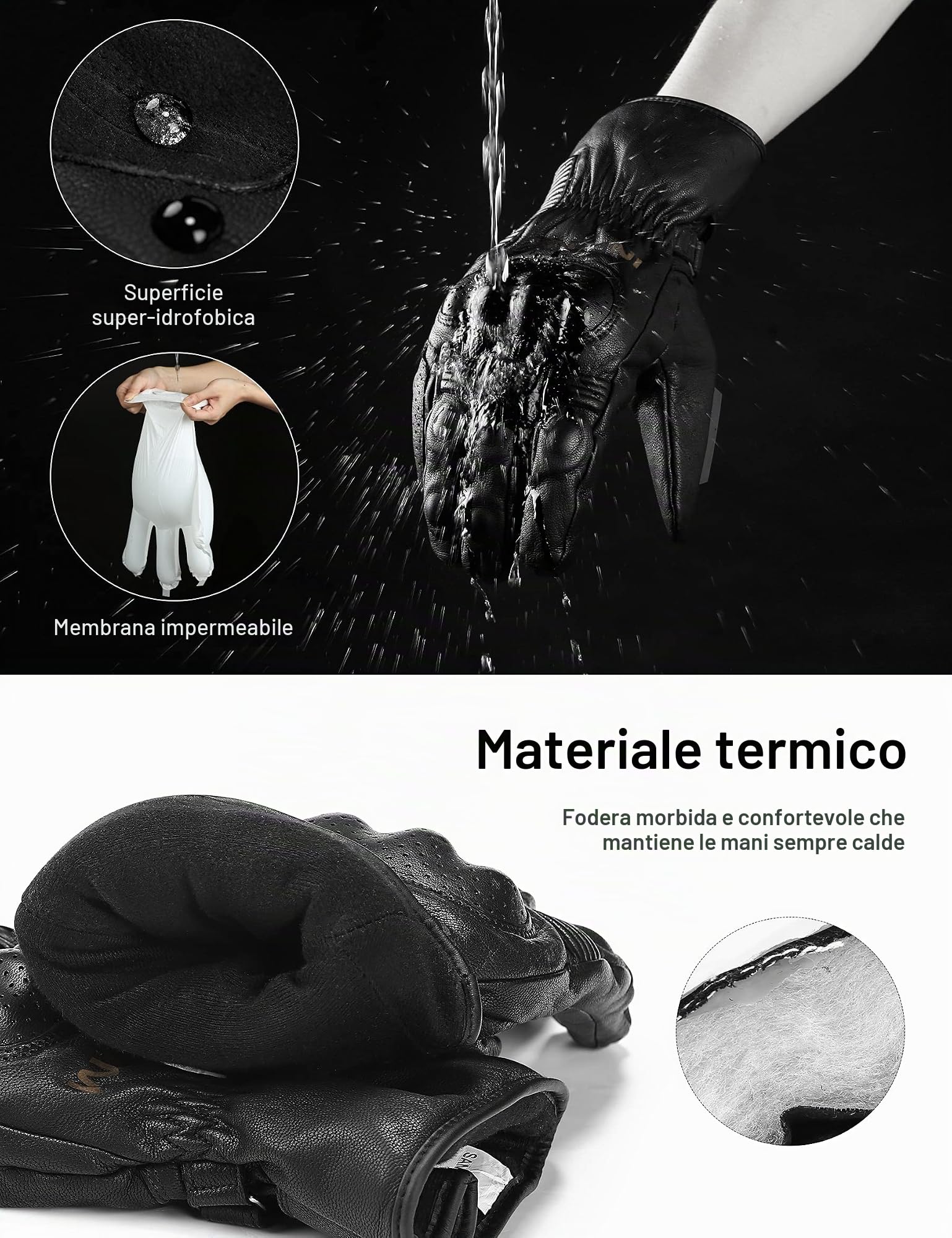 INBIKE Guanti Moto Pelle di Capra Invernali CE Livello 1 KP Resisitente Protezione Termici Morbidi Antivento Impermeabile