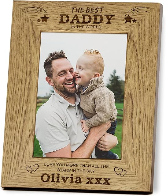 Personalised Photo Frame Custom Gifts for Fathers Day Christmas from Daughter Son for Dad Daddy Grandpa Uncle Personalised Gift for Men Him 7"x 5" Engraved Wooden Picture Frames (Design 1 Portrait)