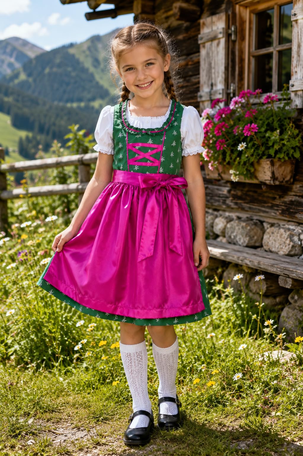 Ramona Lippert® - Dziecięca sukienka Dirndl dla dziewczynek - dirndl Franziska w kolorze ciemnozielonym z kwiatowym wzorem - 3-częściowa sukienka ludowa - moda ludowa - strój ludowy z fartuchem