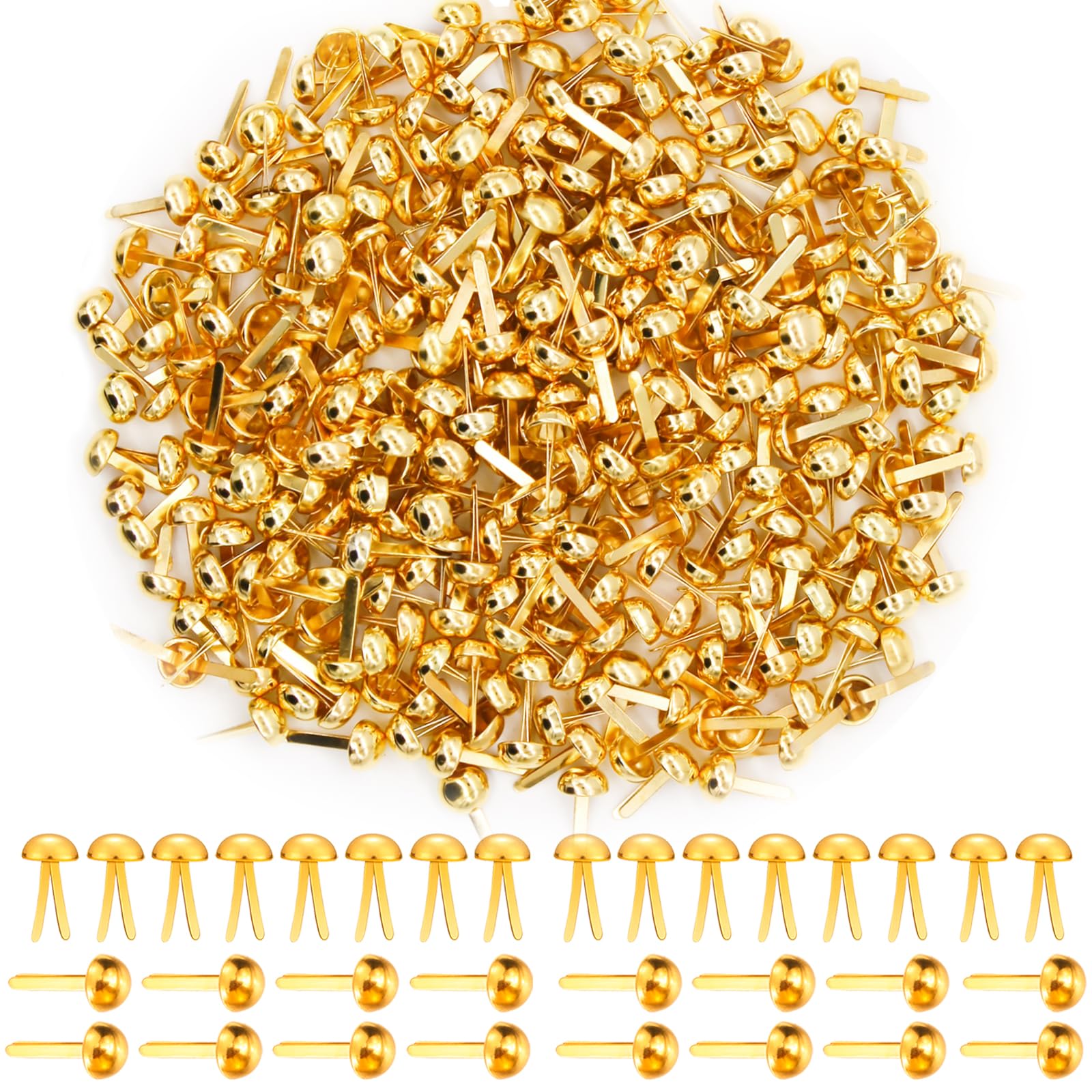 JOJOPLAY 300Pcs Brass Fasteners Round Head Brass Plated Fasteners Scrapbooking Brads (1/2 Inch Shank, 8mm Head, Gold)