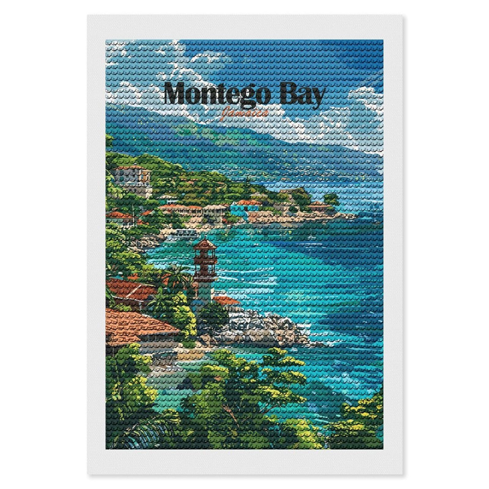 Junmoney Montego Bay Jamaica Travel Diamond Art Kit 8"x12", Vintage Style Decor, Stress Relief Craft, Decor Project, Relaxing DIY, Creative Hobby
