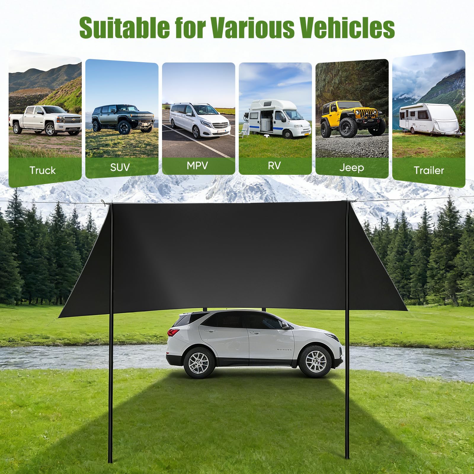 Toldo para coche, 2 x 3 x 2 m, Oxford 210D con columna de agua de 8000 mm y 99,9% de protección UV, universal, con varillas de aluminio, ventosas y cuerdas reflectantes para SUV, furgonetas, caravanas
