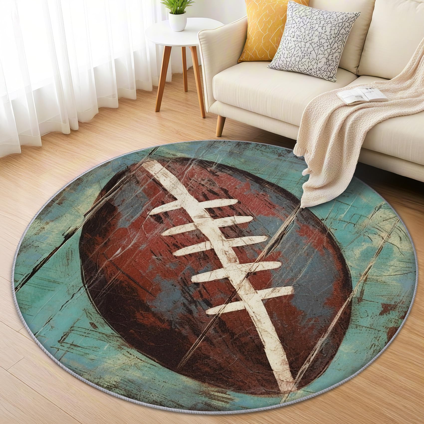 American Football Teppich Rund 120cm Kurzflor - Waschbare Teppiche Wohnzimmer Rugby Sportmotiv Jungen - Runder Teppich 120 Durchmesser Kinderzimmer - Bettvorleger Schlafzimmer Rutschfest Weich