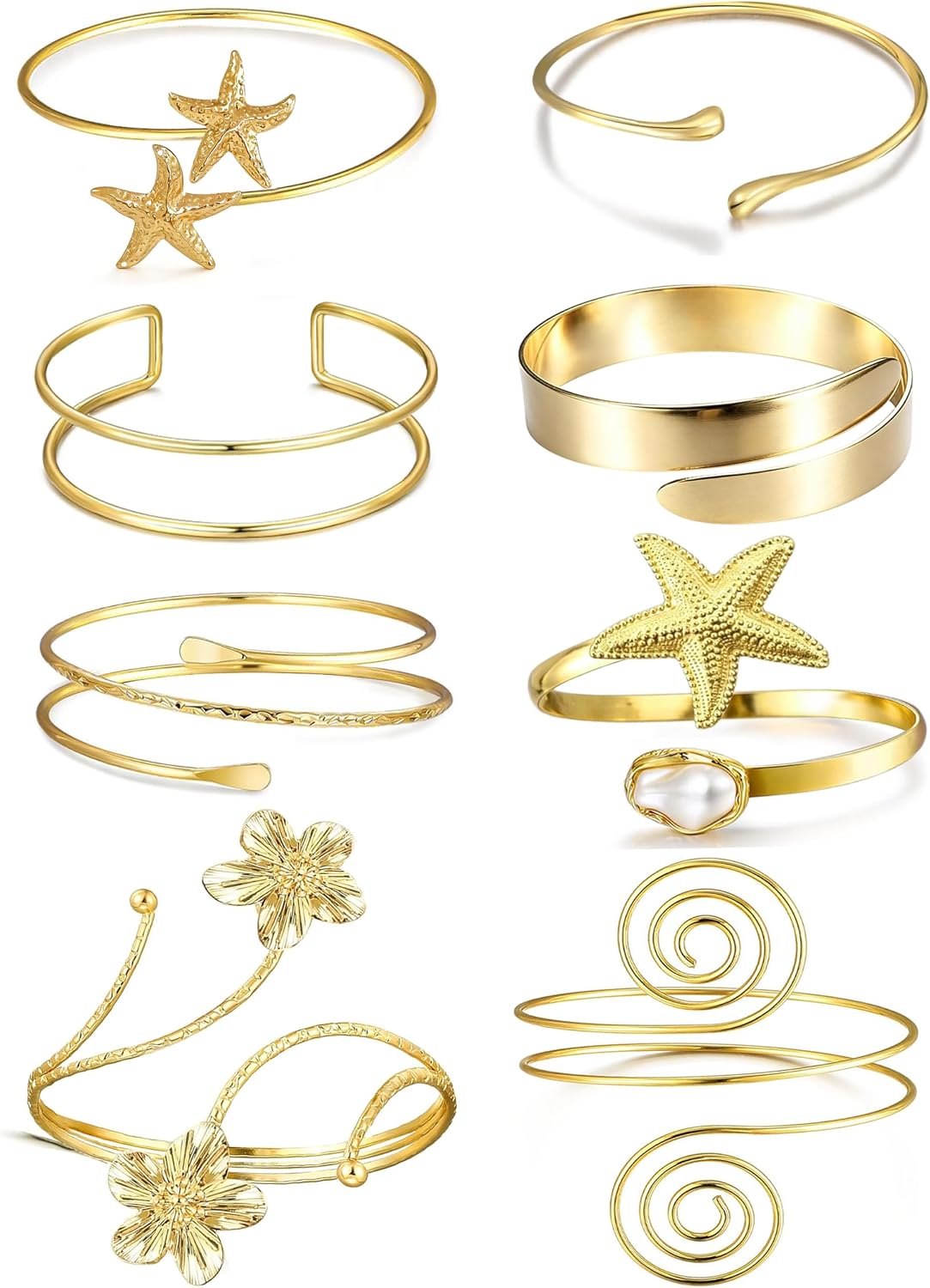 EIELO 8Pcs Gold Arm Cuff Bracelets for Women Coil Starfish Flower Upper Arm Bangle Band Armlet Bracelet for Women