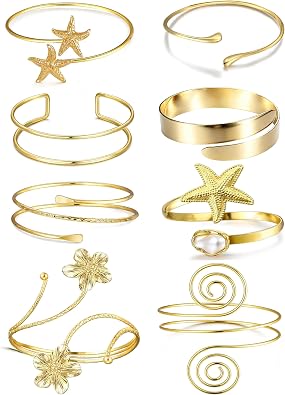 EIELO 8Pcs Gold Arm Cuff Bracelets for Women Coil Starfish Flower Upper Arm Bangle Band Armlet Bracelet for Women