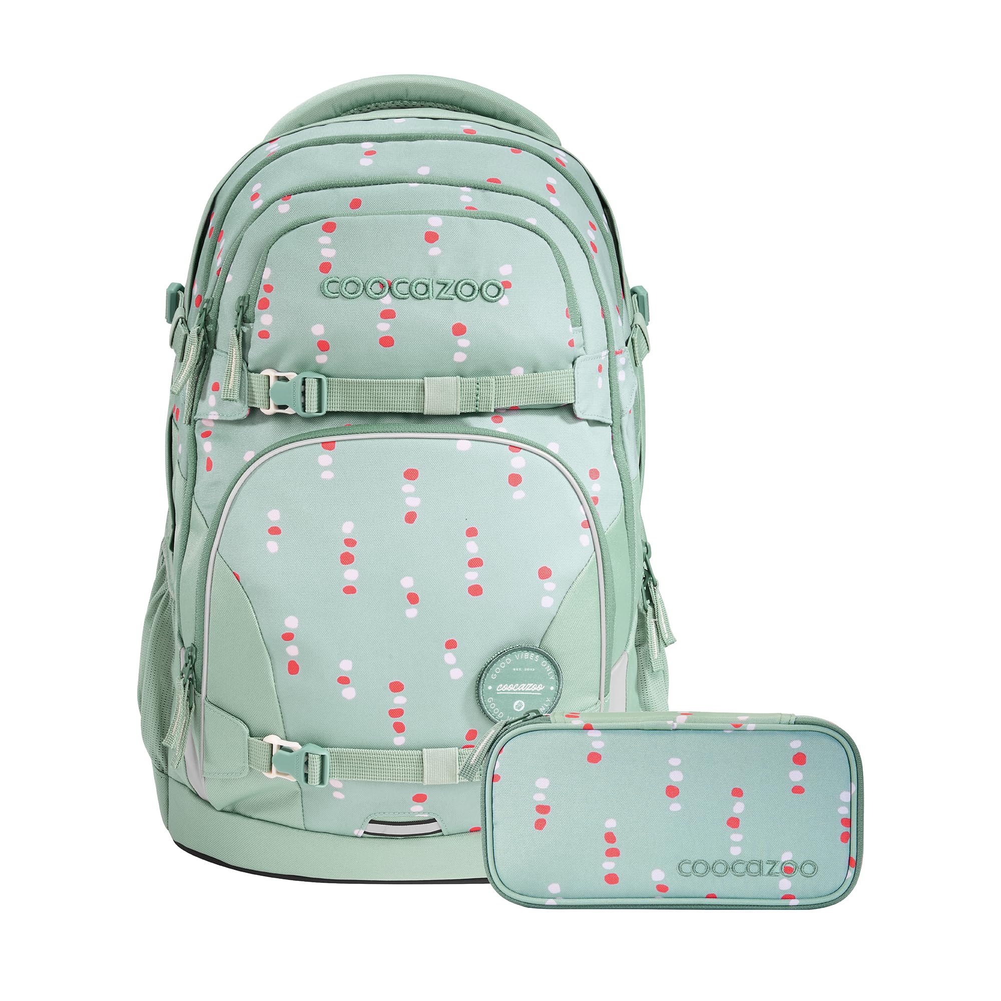 coocazoo Schulrucksack-Set Porter Dancing Dots 2-teilig, grüner Schulrucksack 35 l mit Easy-Grow-System, ergonomisch, höhenverstellbar, inkl. Schlampermäppchen