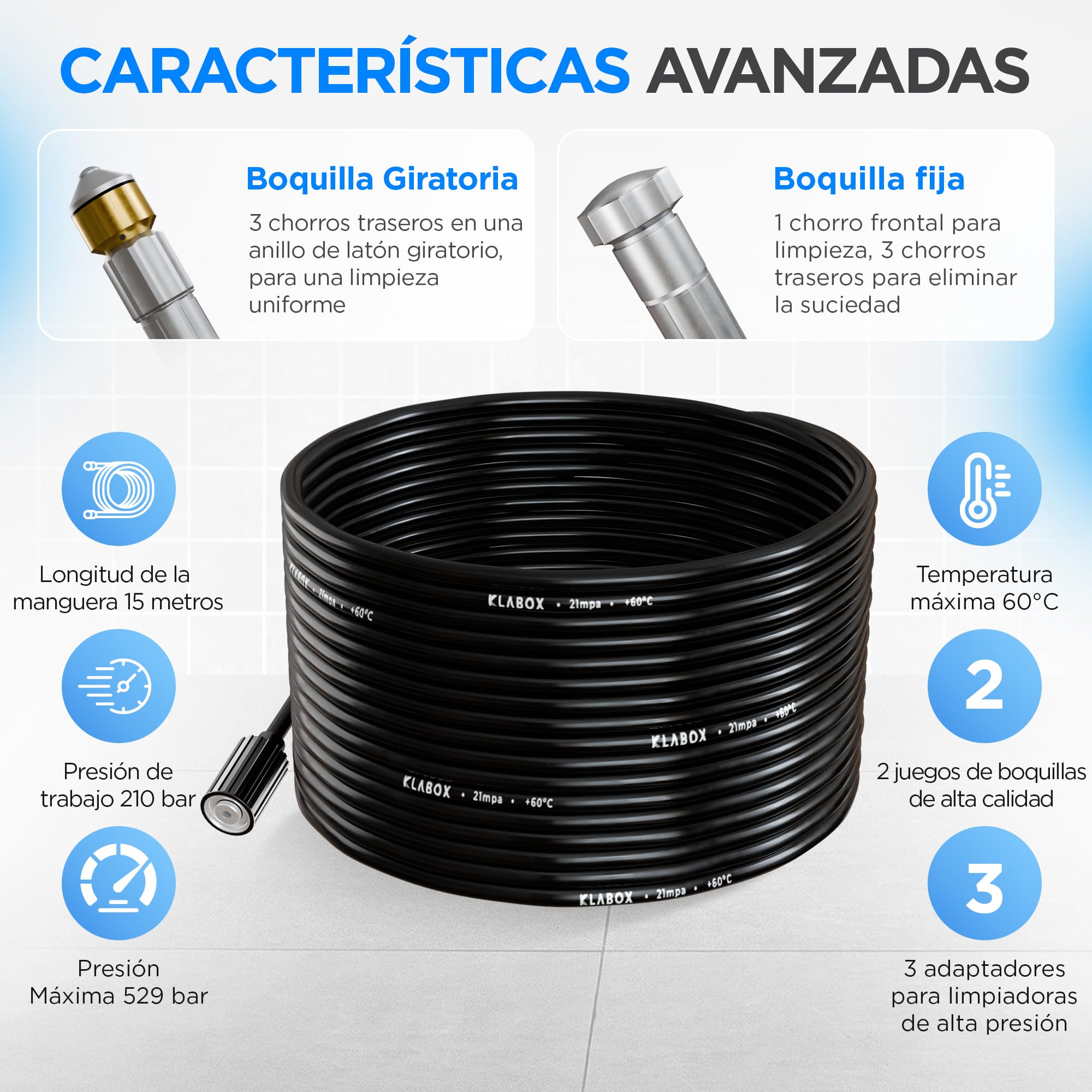 Desatascador Tuberias a Presion 15m | Desatascador Karcher compatible con Karcher K2-K7, Lavor, Bosch, Parkside y más Marcas | Incluye 3 Adaptadores, 2 Boquillas, 1 Bolsa y 1 Cinta Teflón
