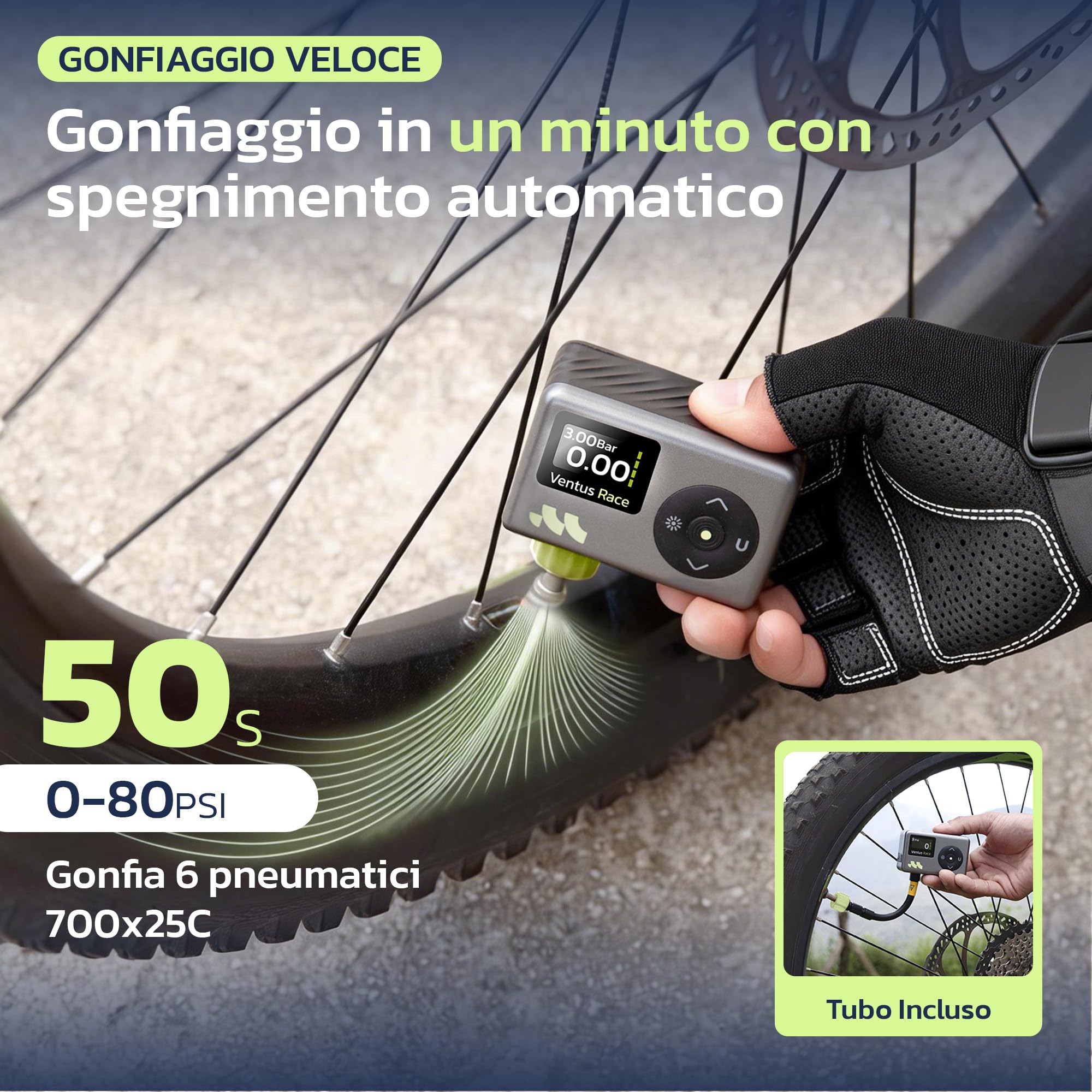 Woowind Pompa Per Bicicletta, Mini Compressore Portatile, Gonfiaggio rapido in 50s, 120 PSI / 8,3BAR, Pompa Bici Compatibile con Valvole Presta e Schrader per Biciclette da Strada, MTB e E-bike