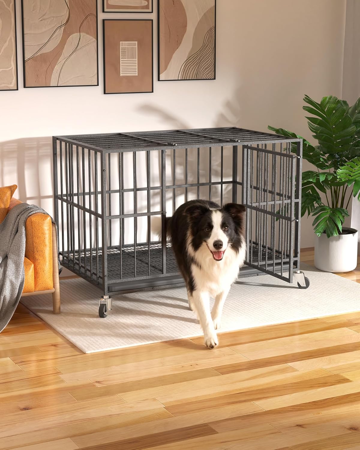 48 in Heavy Duty Dog Crate for Large Dogs, Dog Kennel Indoor with Removable Tray and Lockable Wheels, Easy to Clean, XL Dog Cage for Large and Medium Dogs