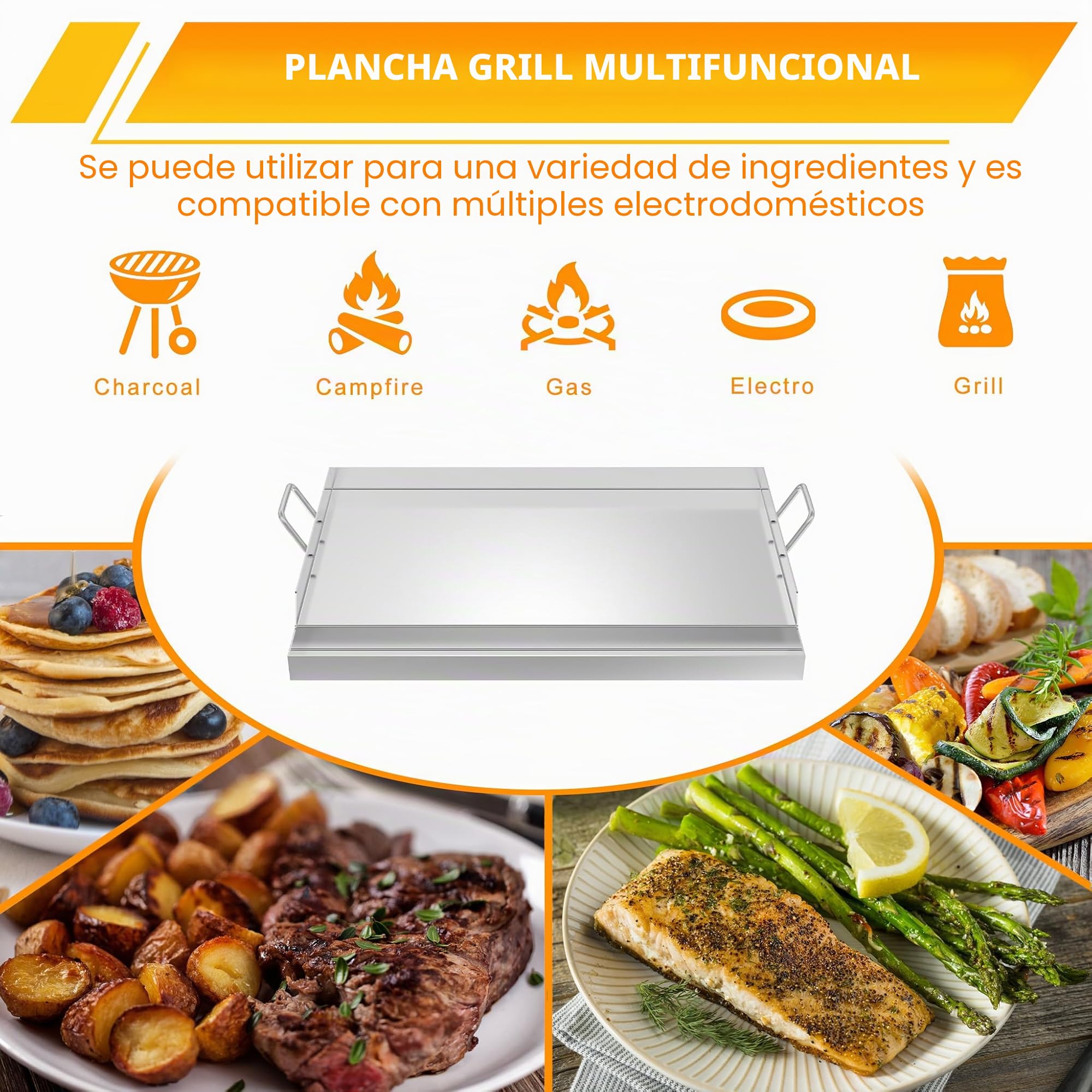 Froadp Placa de acero inoxidable para barbacoa | Plancha universal para barbacoa de 54 x 41 x 7 cm con canaleta para aceite | gas y carbón | Accesorios para barbacoa, incluyendo espátula y asas