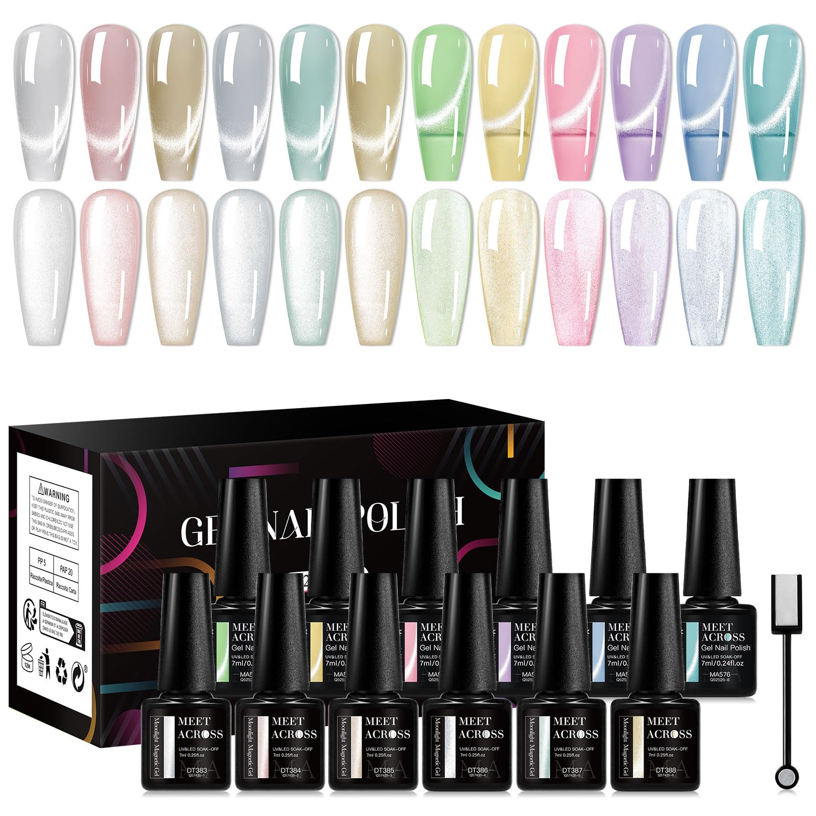 MEET ACROSS 12 PCS Colorful Moonlight Magnetic Gel Nail Polish With Magnetic Stick, All Season Colors Cat Eye Gel Nail, Long-lasting Soak Off UV