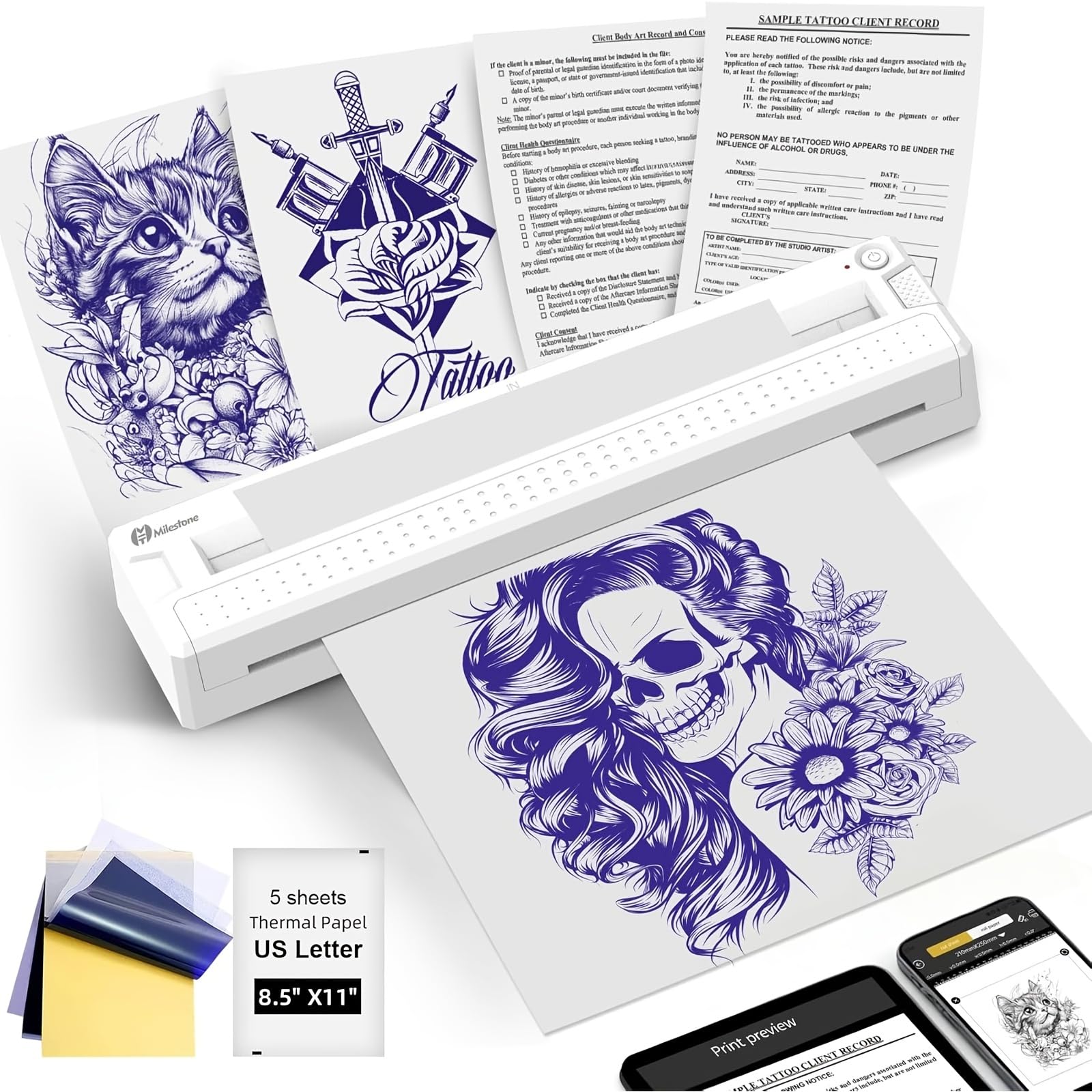 Genérico 2 in 1 Wireless Bluetooth Tattoo Stencil Printer, Portable Thermal Transfer Machine for Tattoo Stencil & Document, Compatible with iOS Android PC
