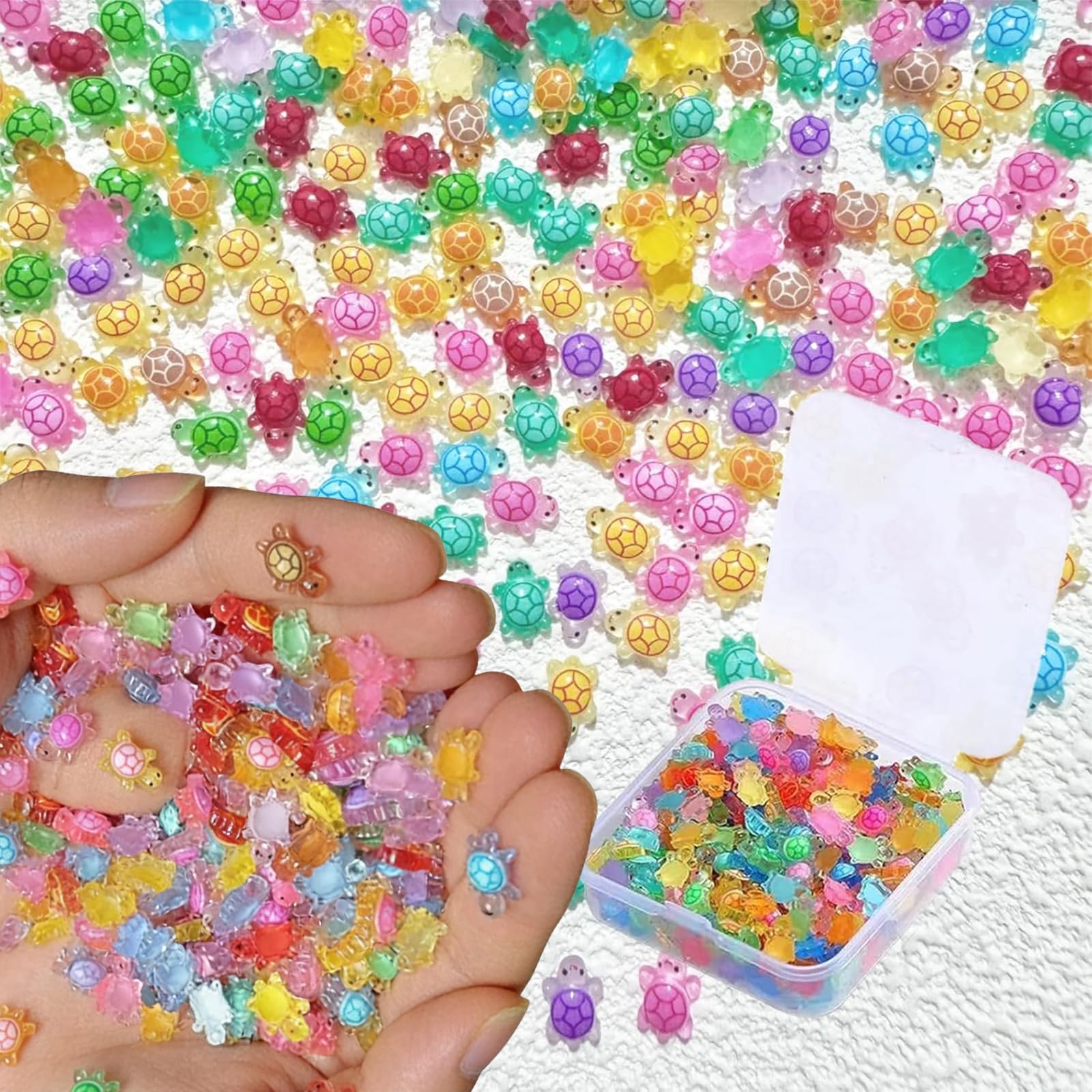 200 Stück Mini Schildkröten, Leuchtende Resin Figuren, Bunte Mini Turtles für Deko, DIY Micro Landschaft, Garten, Party, Puppenhaus, 11 * 7mm, Transparente Box