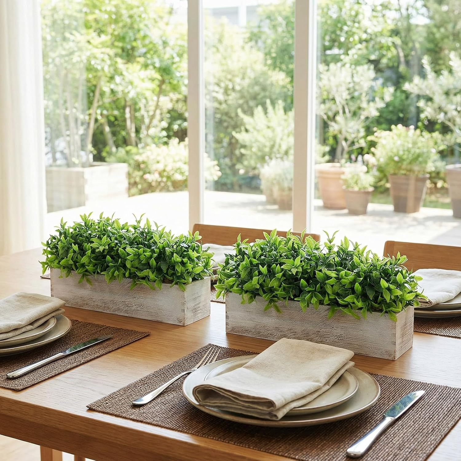 Lyrow 4 Pack Artificial Eucalyptus Plants in Rectangular Rustic Wooden Planter Box Faux Potted Herb Plant Greenery Centerpiece for Cabinet Windowsill Table Shelf Wedding Farmhouse Decor (White,16 '')
