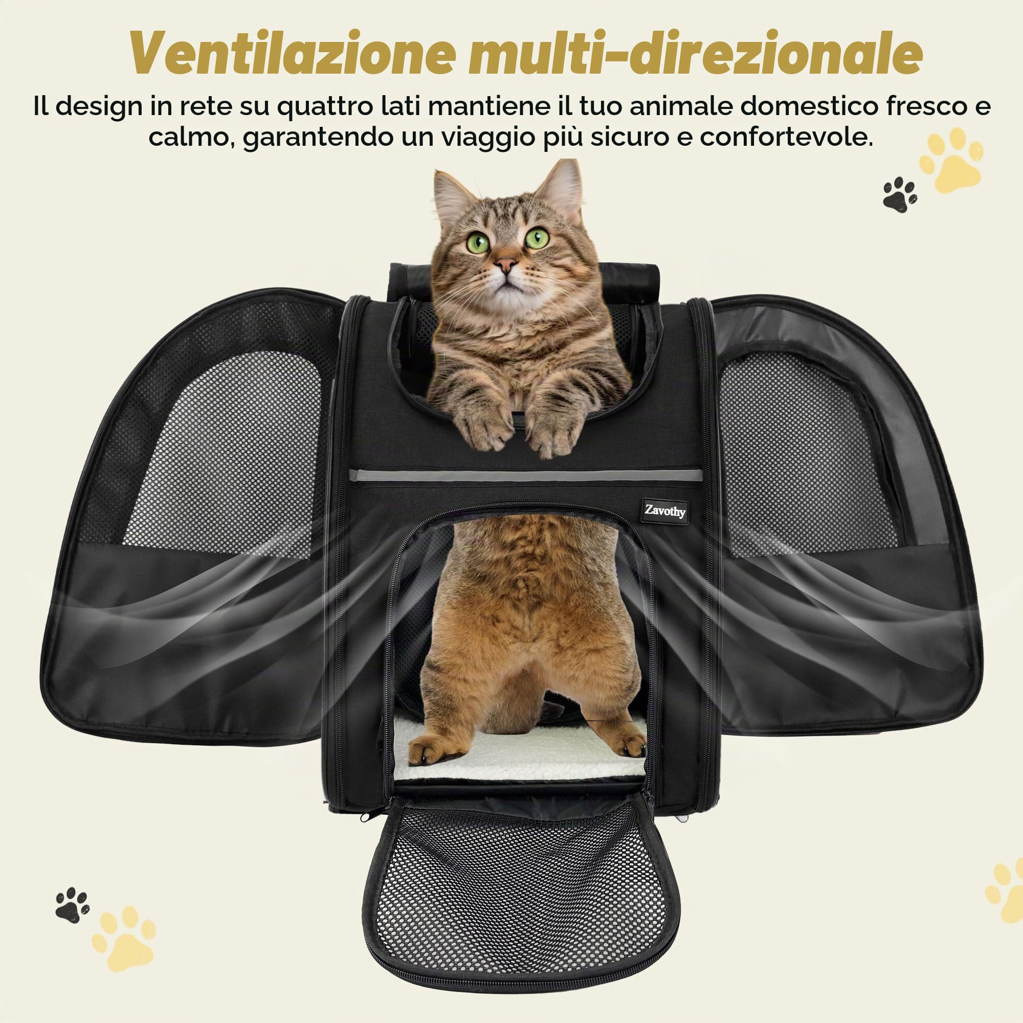 Zavothy Zaino per Cani e Gatti, Zainetto Trasportino Portatile e Pieghevole, con Finestra a Rete e Supporto Imbottito per la Schiena, Traspirante, Carico Massimo 8kg (Nero)