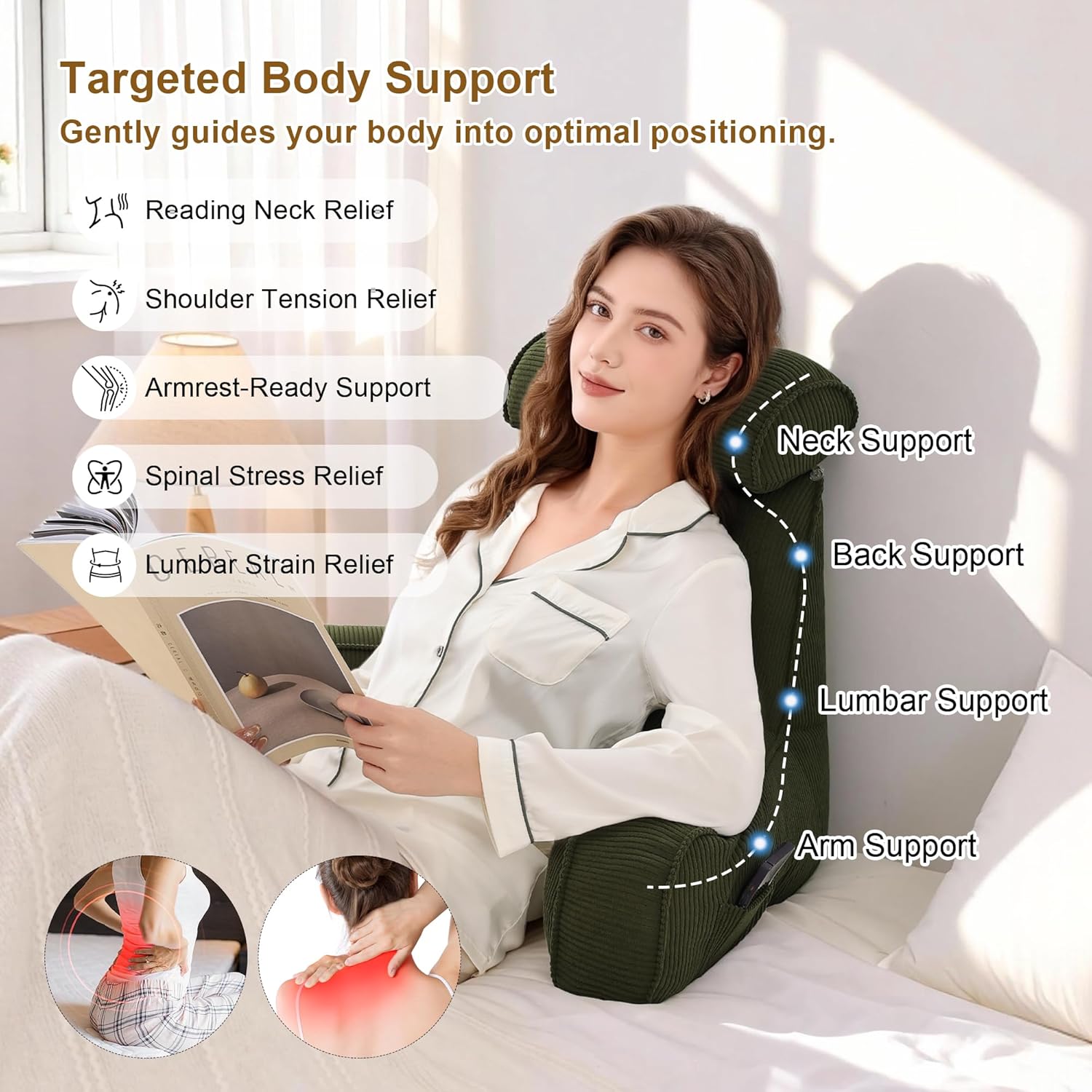 Corduroy Reading Pillow, Backrest Pillow for Sitting Up in Bed, Bed Rest Back Support Cushion for Daybed Sofa Couch, Lounge Pillow with Arms, Side Pockets & Washable Cover, Avocado Green