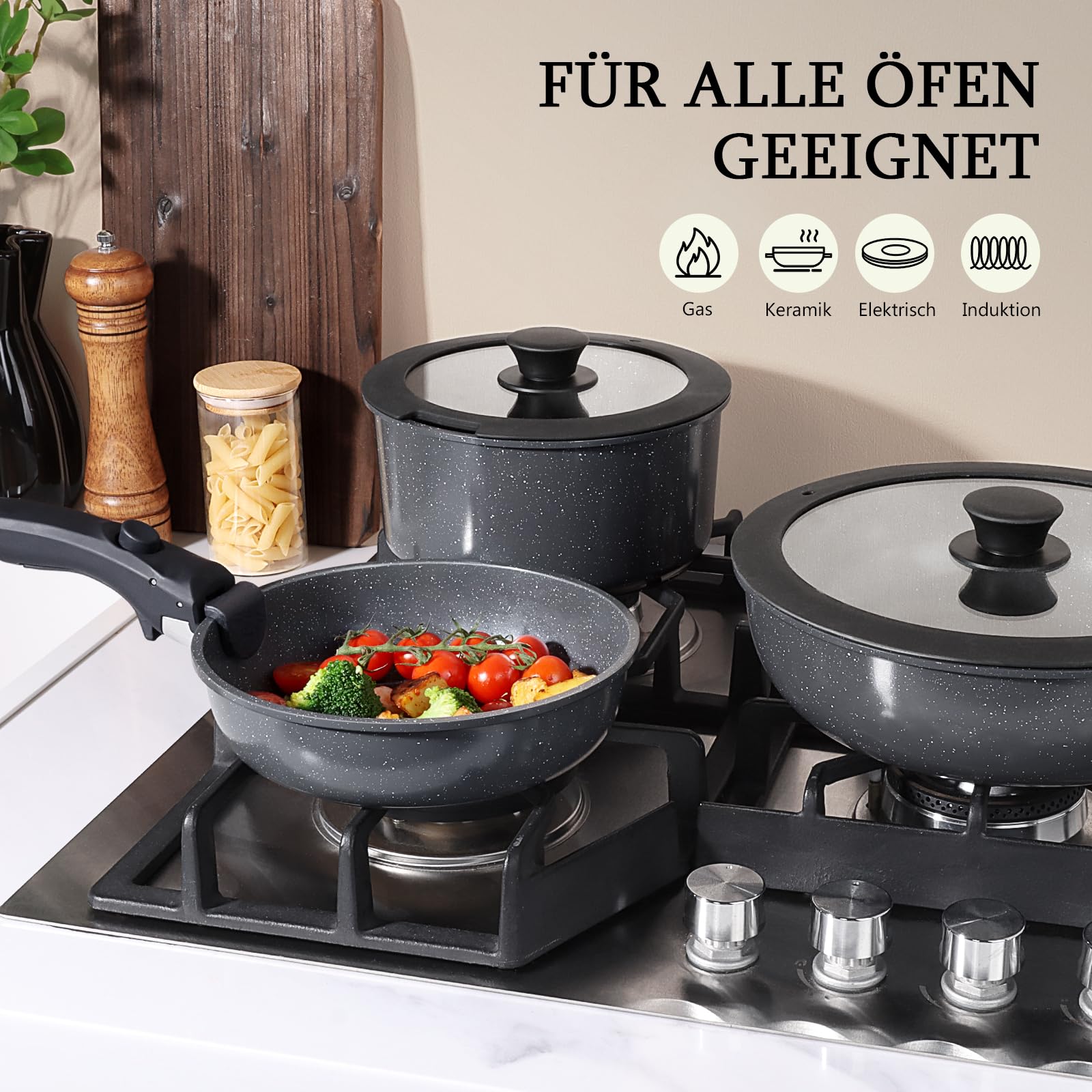 GiPP Set de Casseroles et Poêles en Antiadhésif - 11 Pièces Poele Induction avec Poignee Amovible, Sans Produits Toxiques, Tous Feux Lot, Four et Lave-vaisselle, Noir