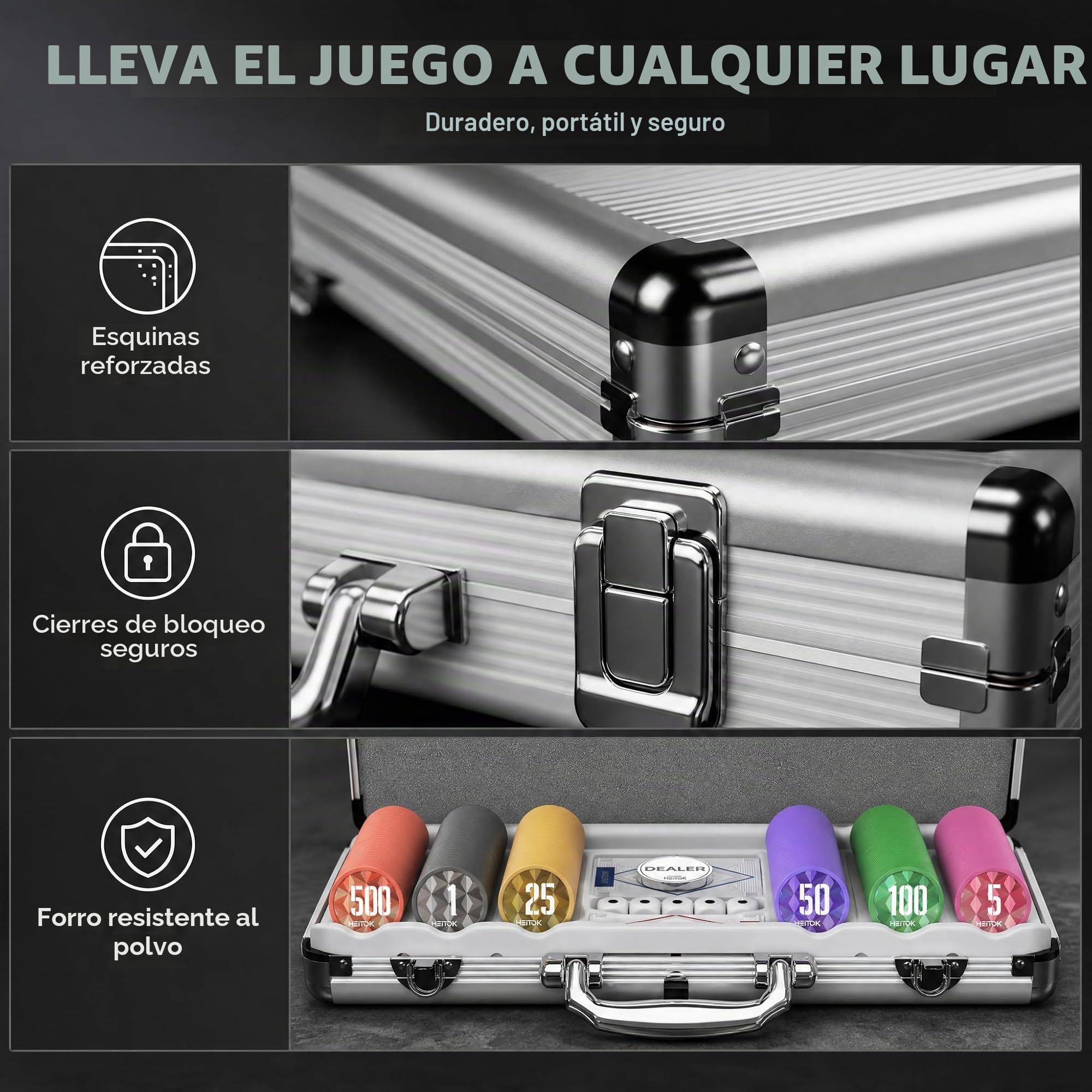 HEITOK Maletín de Póker 300 Fichas Numeradas 11.5g Peso Casino - Set Texas Hold'em con Estuche de Aluminio, Barajas, Dados y Botón Dealer de Metal para Noches de Juego Adultos | 11.5g, núcleo de hierro, valores numerados, 2-8 jugadores, maletín de alumini