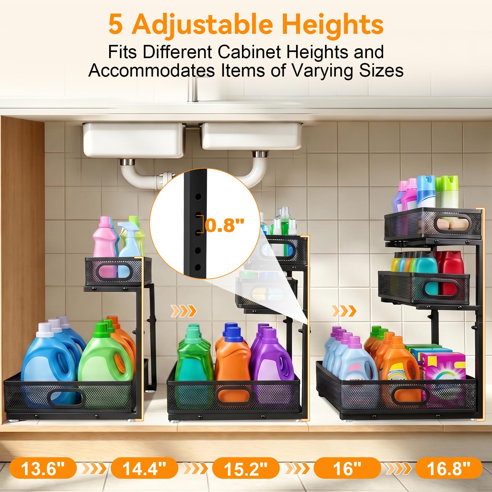 Organizador debajo del fregadero para baño, 3 niveles de altura ajustable debajo del fregadero, estante organizador de gabinete deslizante extraíble, organizador de gabinete multiusos de metal