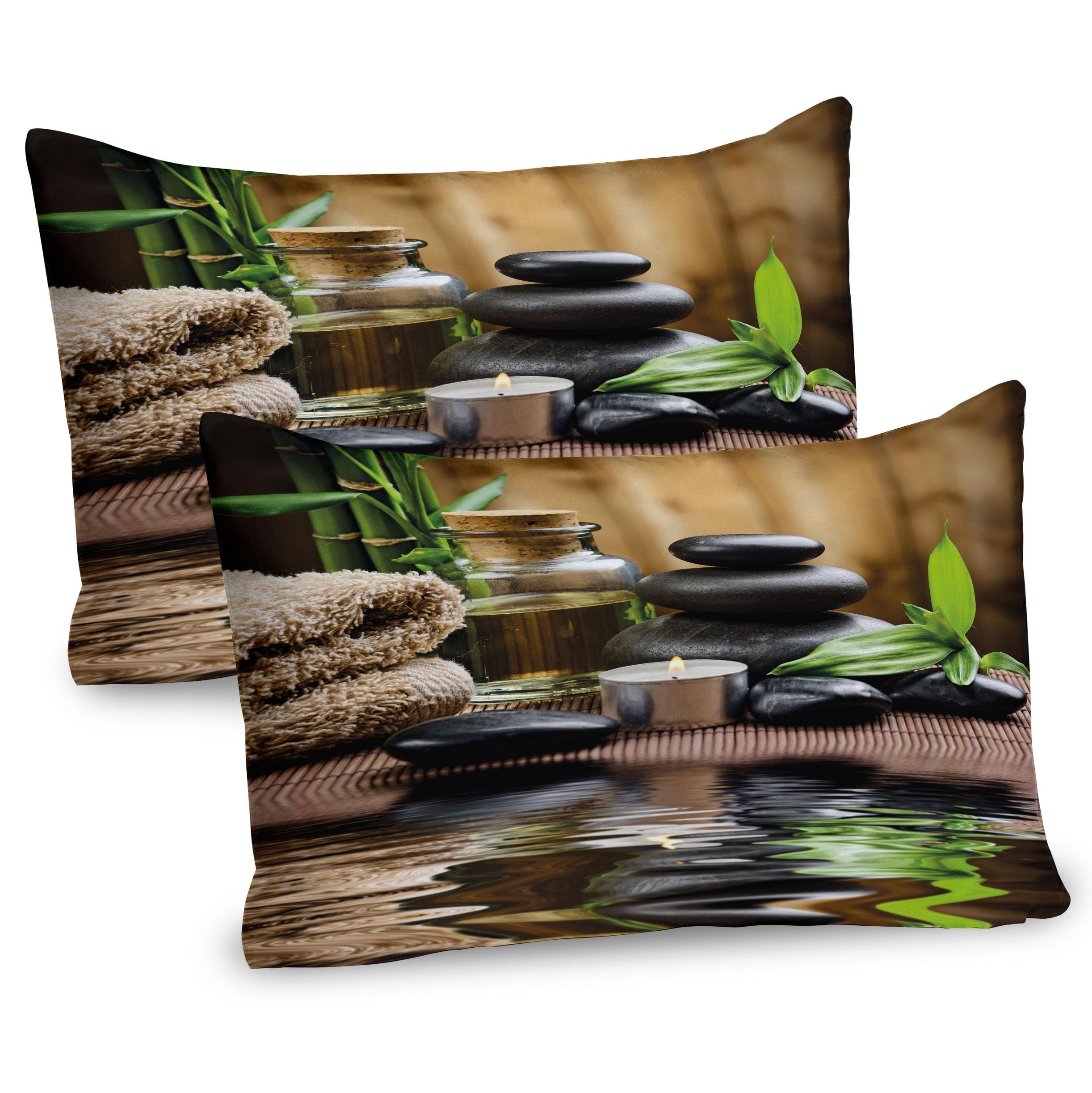 Ambesonne Spa Pillow Sham Set of 2, Massage Stone Triplets Herbal Oil and Scent Candles Print, Quality Microfiber Bedding Item for All Seasons, 26