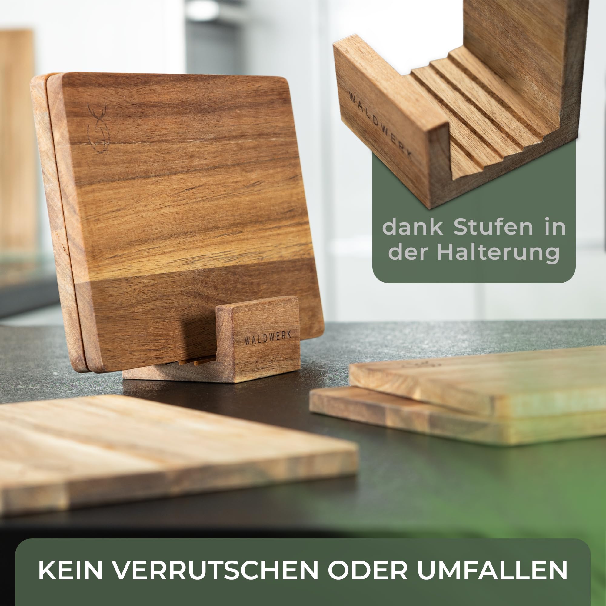 WALDWERK Frühstücksbrettchen 5er Set (23 x 16 x 1 cm) aus massiver Akazie - Frühstücksbrettchen Holz mit Ständer - 5 Schneidebretter aus Holz - Brettchen perfekt für Frühstück (5 Bretter)