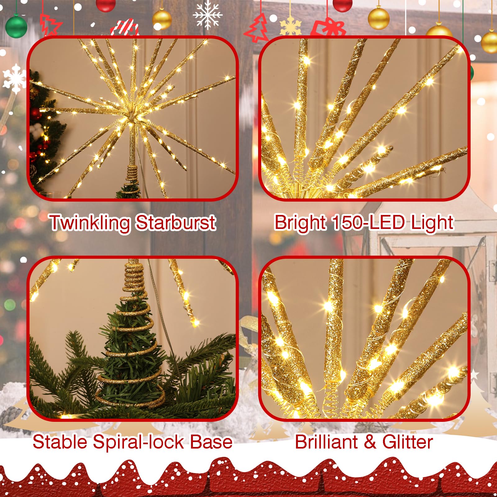 HMASYO Étoile scintillante de 38,1 cm, étoile dorée à 19 branches avec 150 LED, télécommande et minuterie, alimentation USB pour intérieur, maison, vacances, fête, décoration de sapin de Noël
